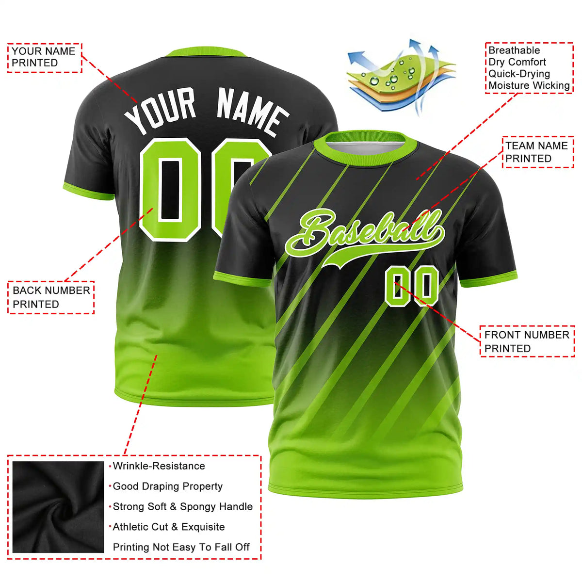Custom Black-Neon Green Gradient Fashion Diagonal Stripe Performance T-Shirt