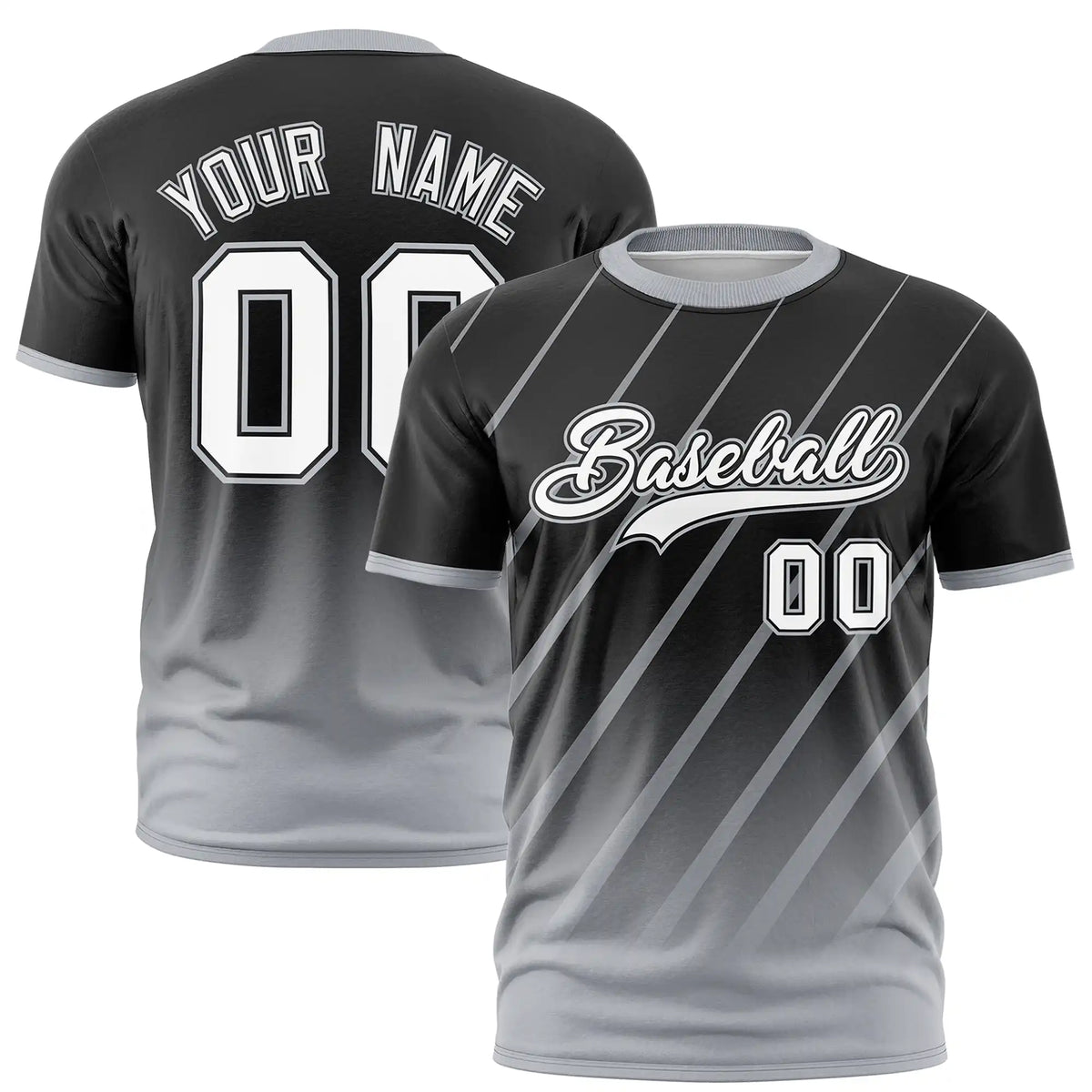 Custom Black-Gray Gradient Fashion Diagonal Stripe Performance T-Shirt