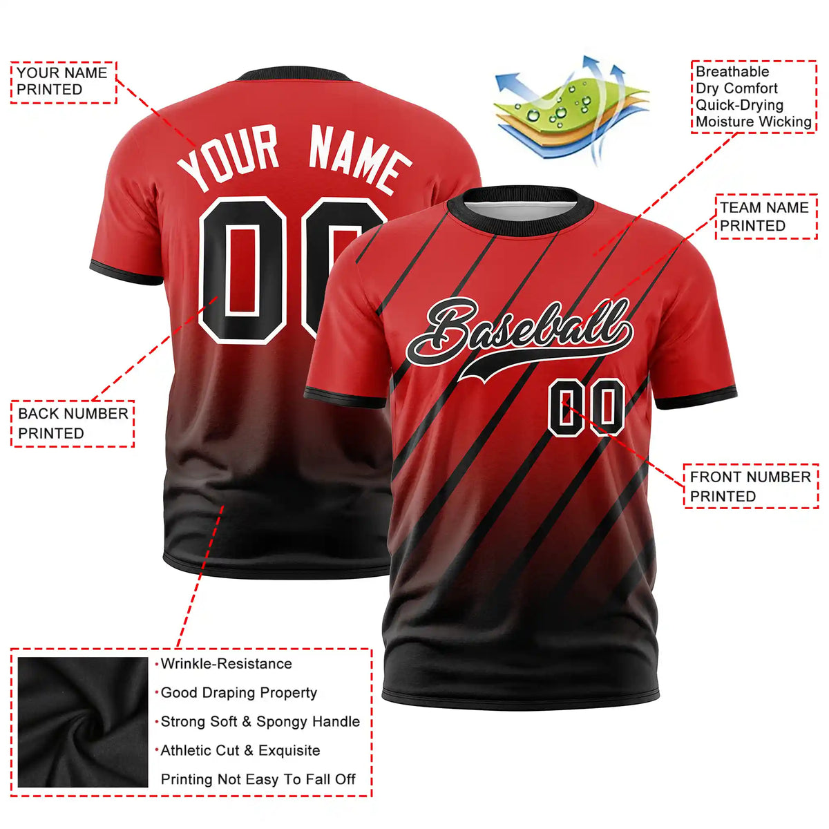 Custom Red-Black Gradient Fashion Diagonal Stripe Performance T-Shirt