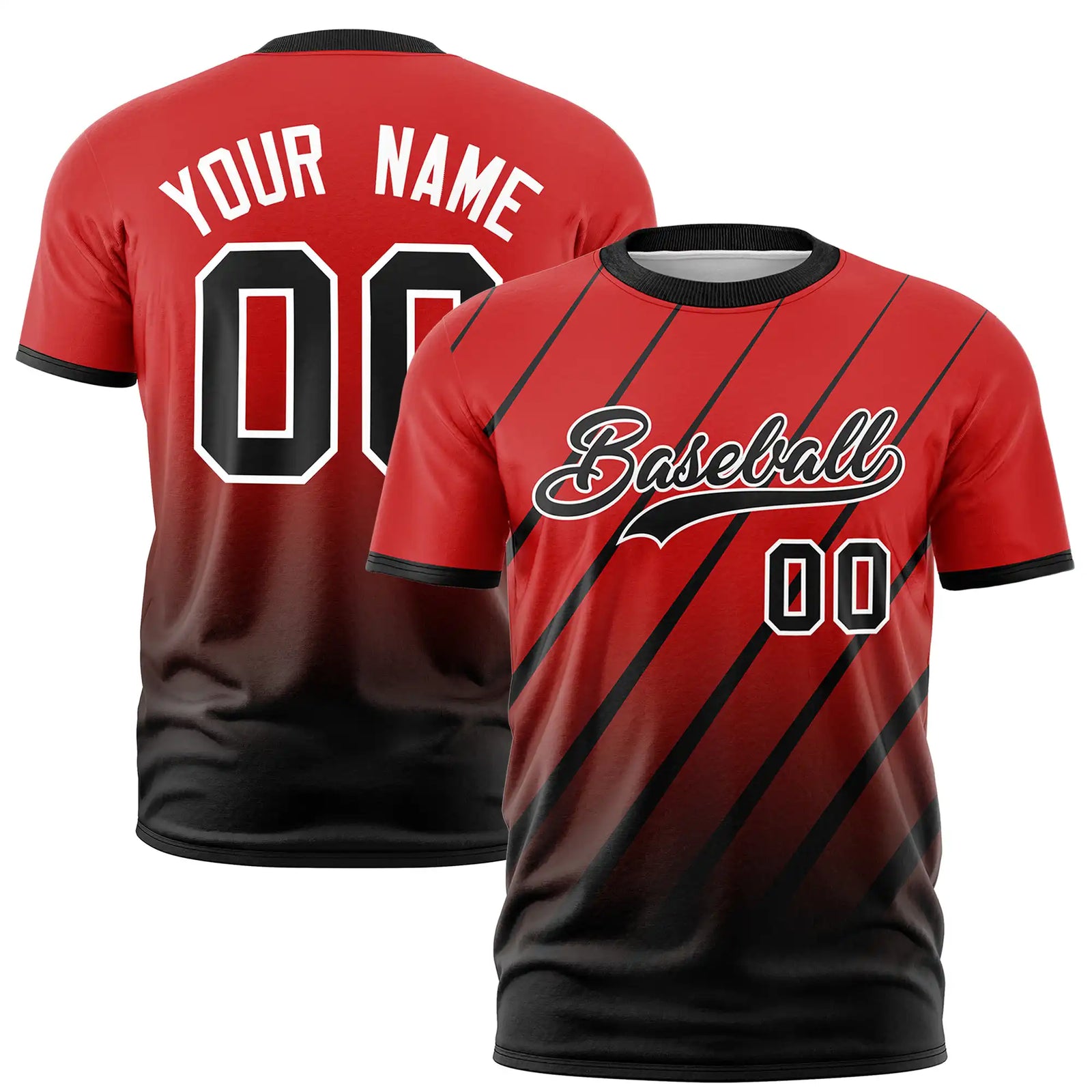Custom Red-Black Gradient Fashion Diagonal Stripe Performance T-Shirt