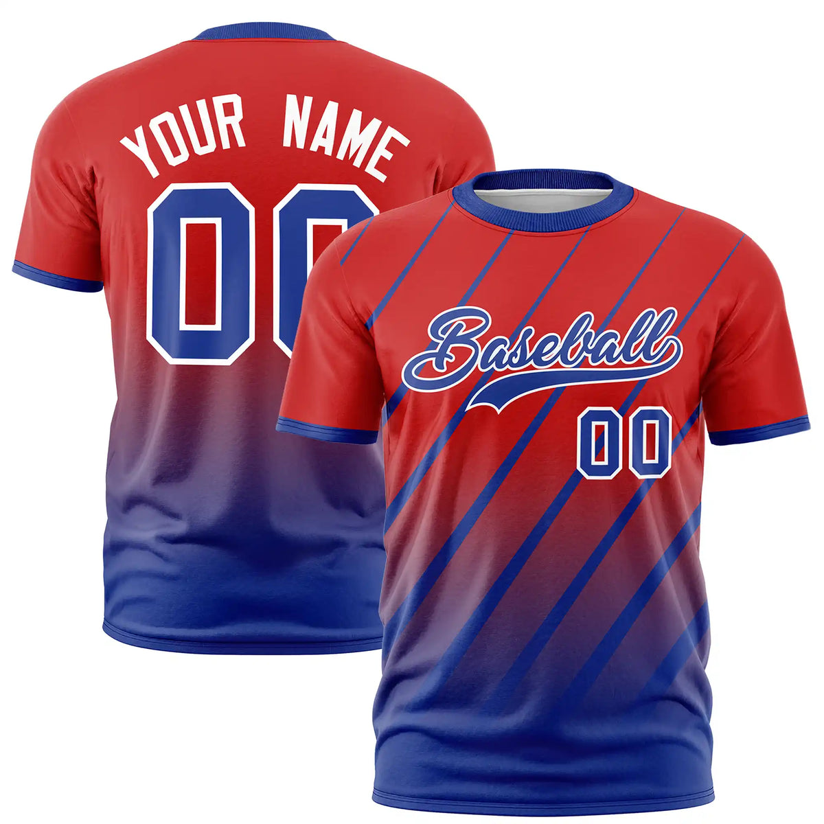 Custom Red-Royal Blue Gradient Fashion Diagonal Stripe Performance T-Shirt