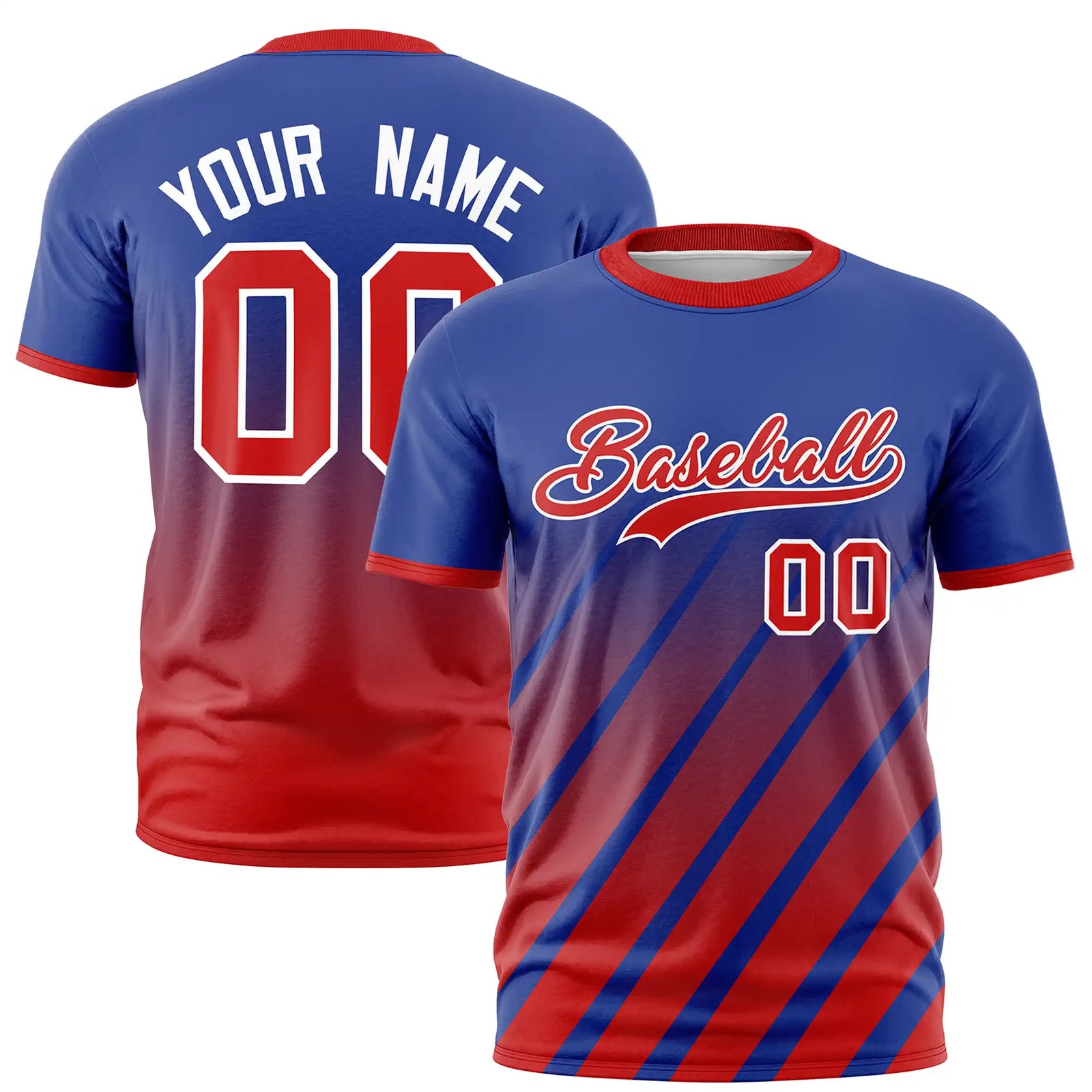 Custom Royal Blue-Red Gradient Fashion Diagonal Stripe Performance T-Shirt