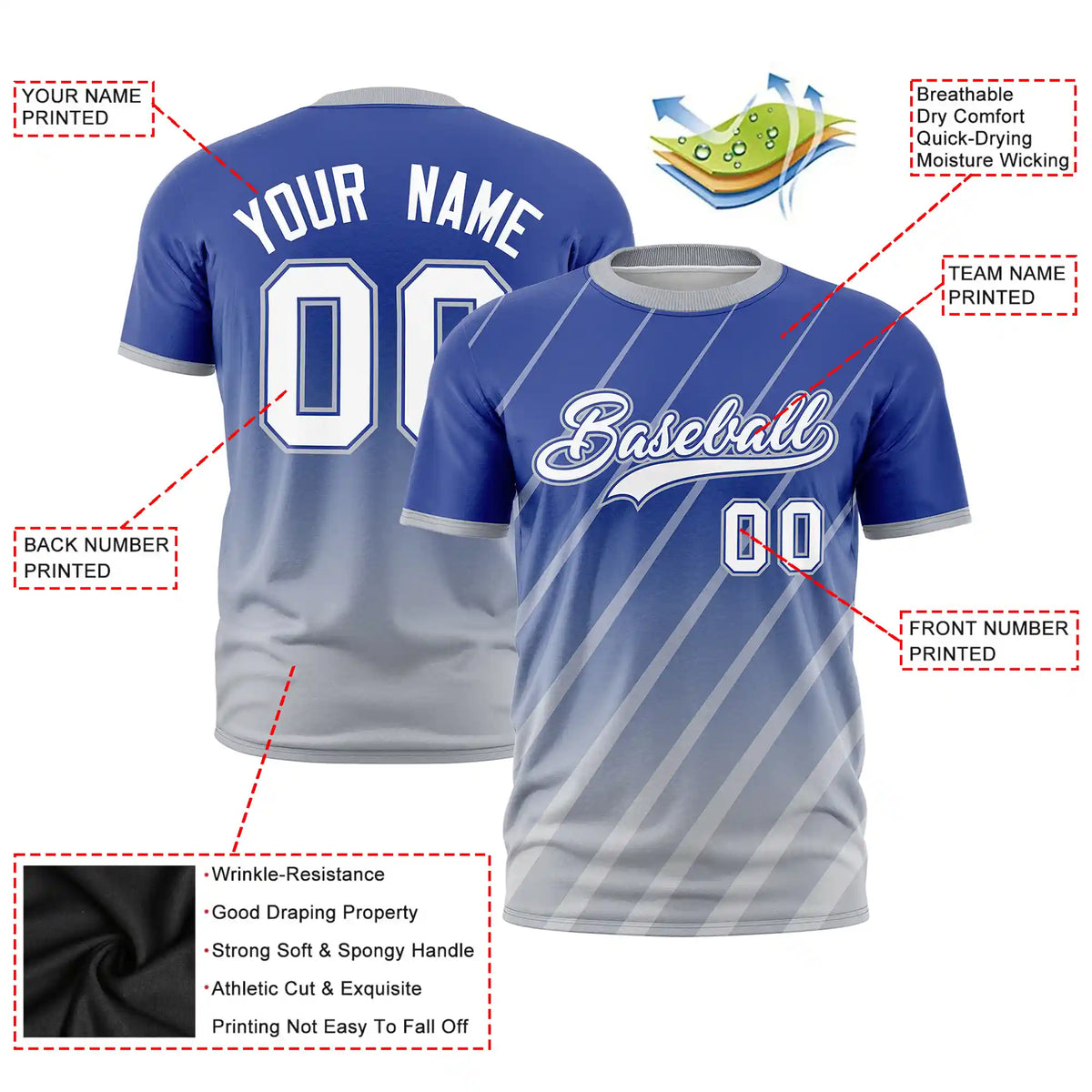 Custom Royal Blue-Gray Gradient Fashion Diagonal Stripe Performance T-Shirt