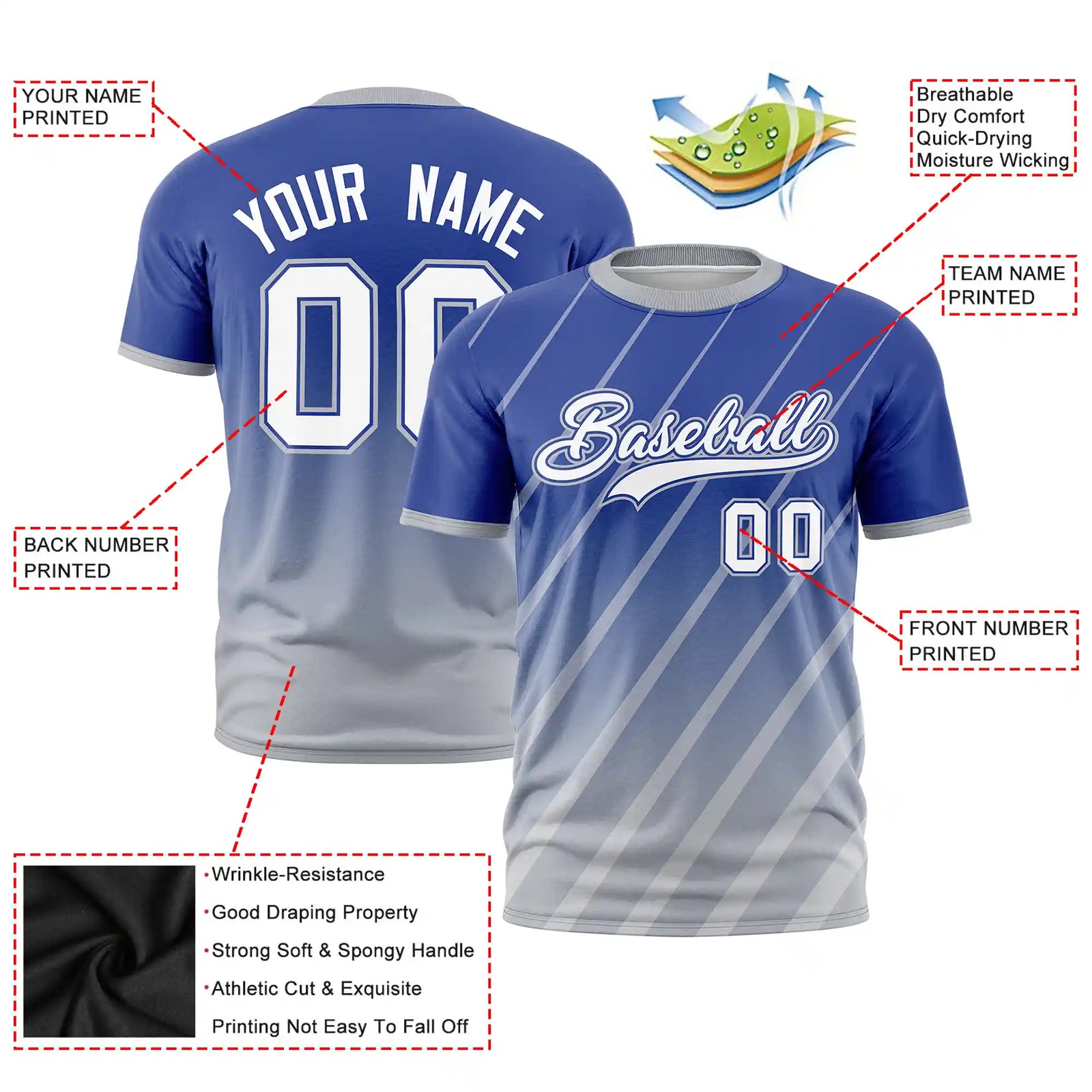 Custom Royal Blue-Gray Gradient Fashion Diagonal Stripe Performance T-Shirt