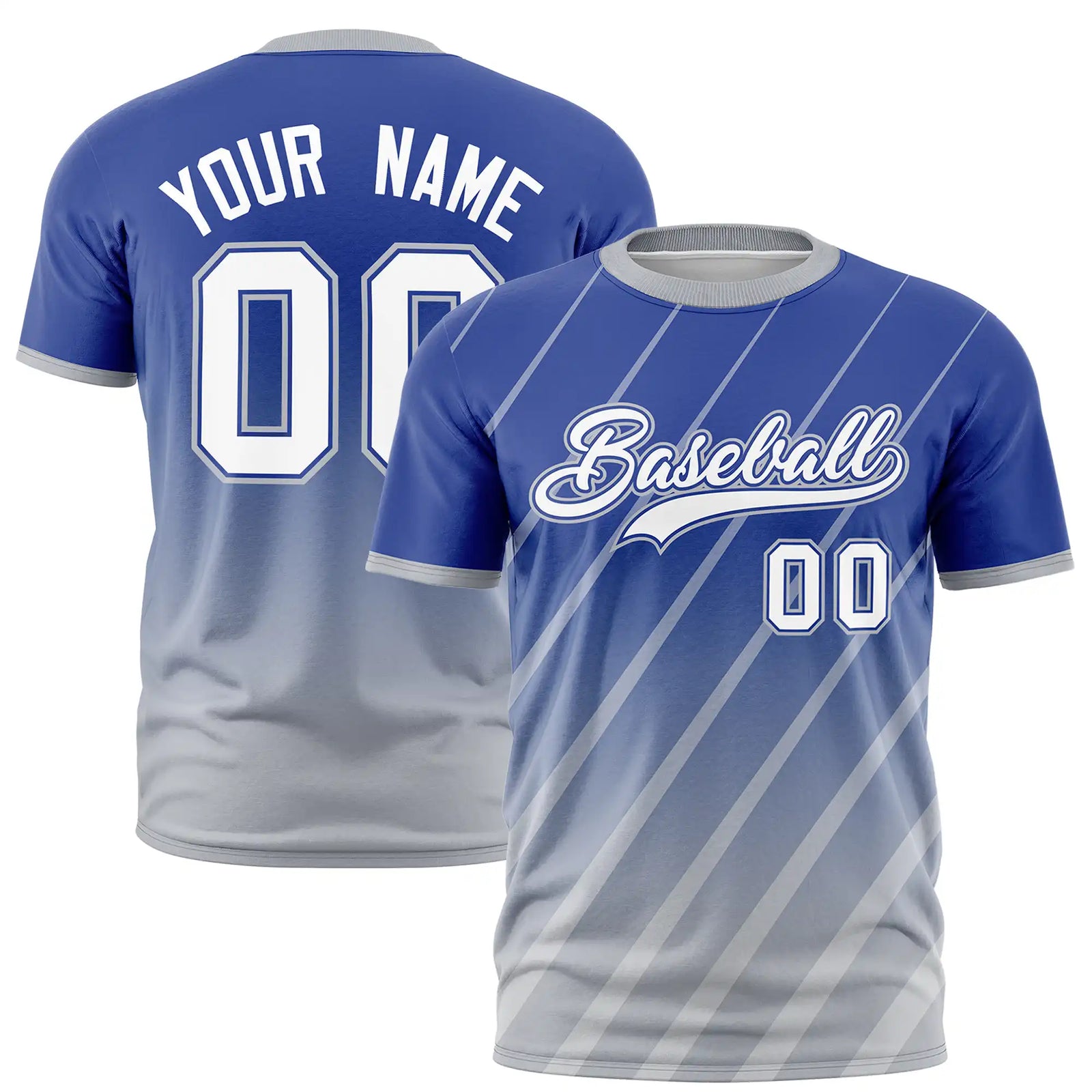 Custom Royal Blue-Gray Gradient Fashion Diagonal Stripe Performance T-Shirt