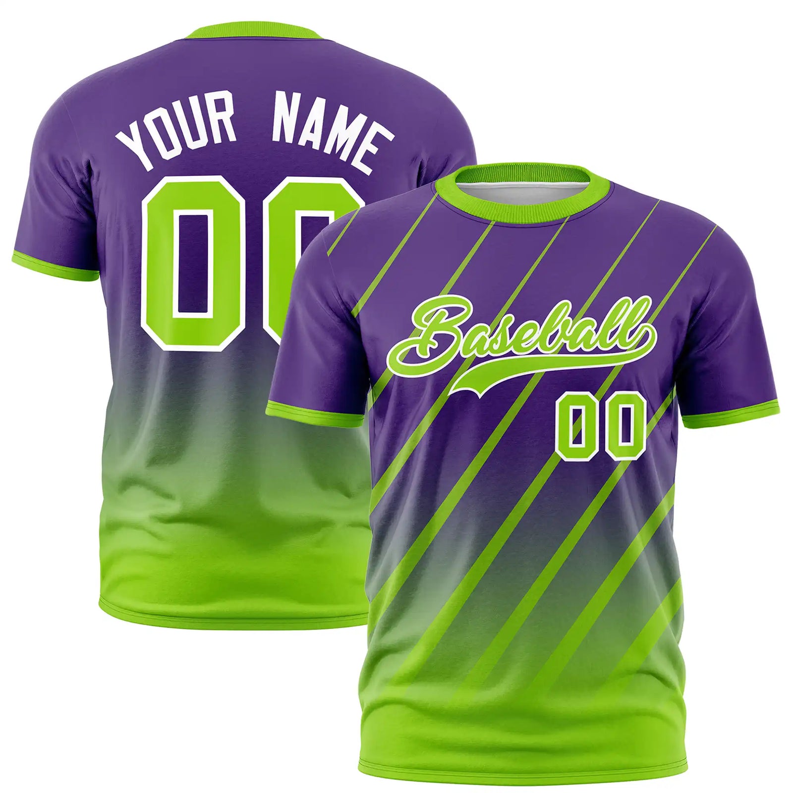 Custom Purple-Neon Green Gradient Fashion Diagonal Stripe Performance T-Shirt