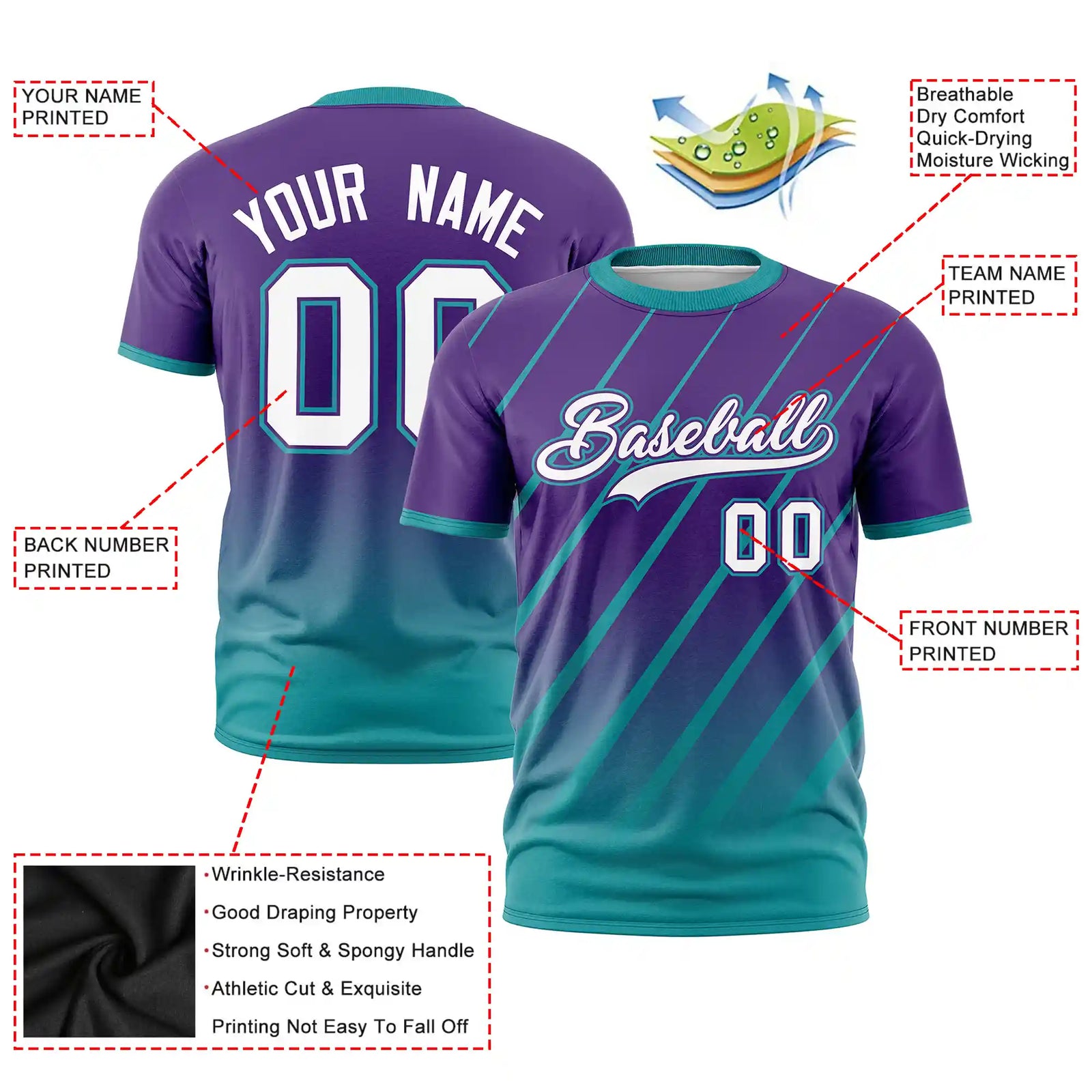 Custom Purple-Aqua Gradient Fashion Diagonal Stripe Performance T-Shirt