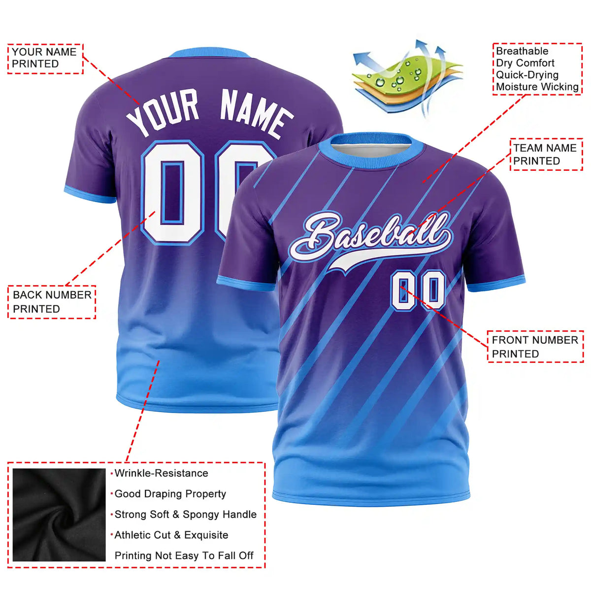 Custom Purple-Powder Blue Gradient Fashion Diagonal Stripe Performance T-Shirt