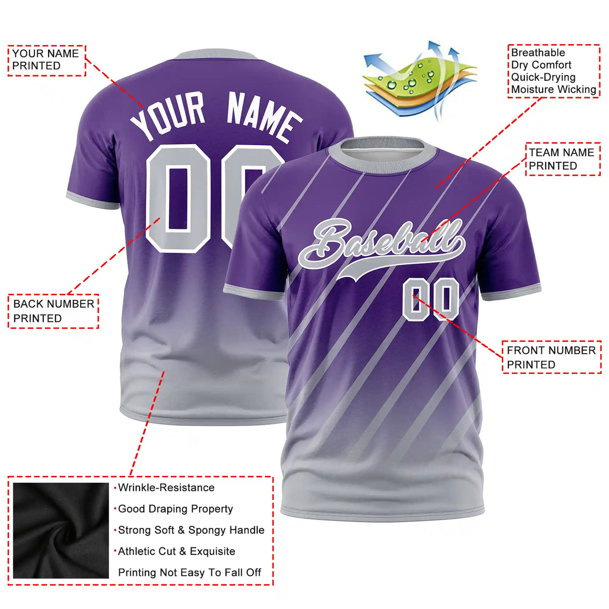 Custom Purple-Gray Gradient Fashion Diagonal Stripe Performance T-Shirt