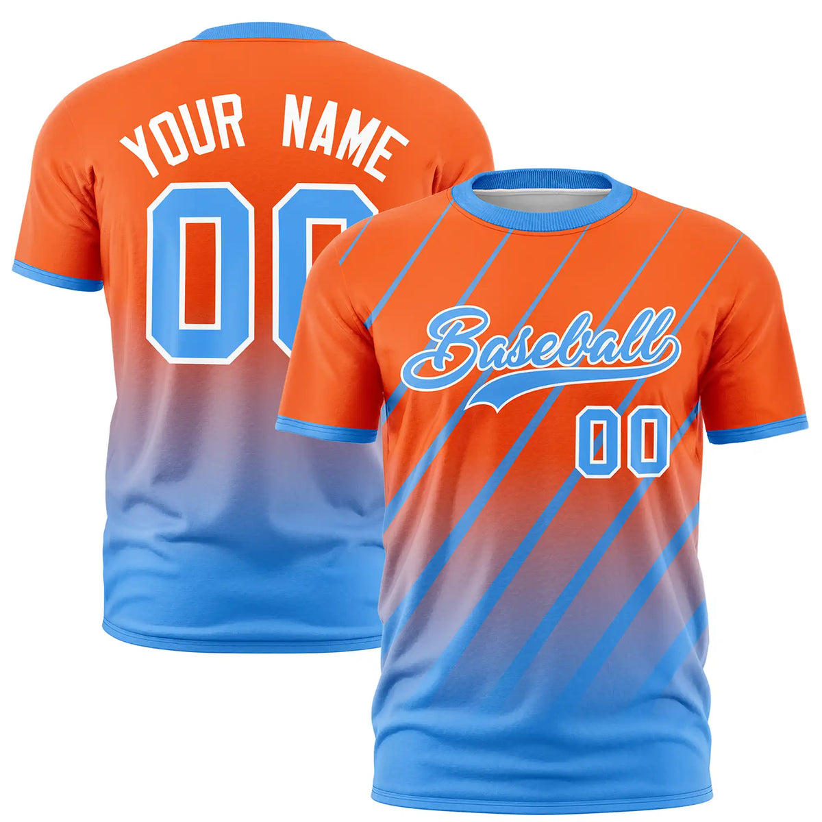 Custom Orange-Powder Blue Gradient Fashion Diagonal Stripe Performance T-Shirt