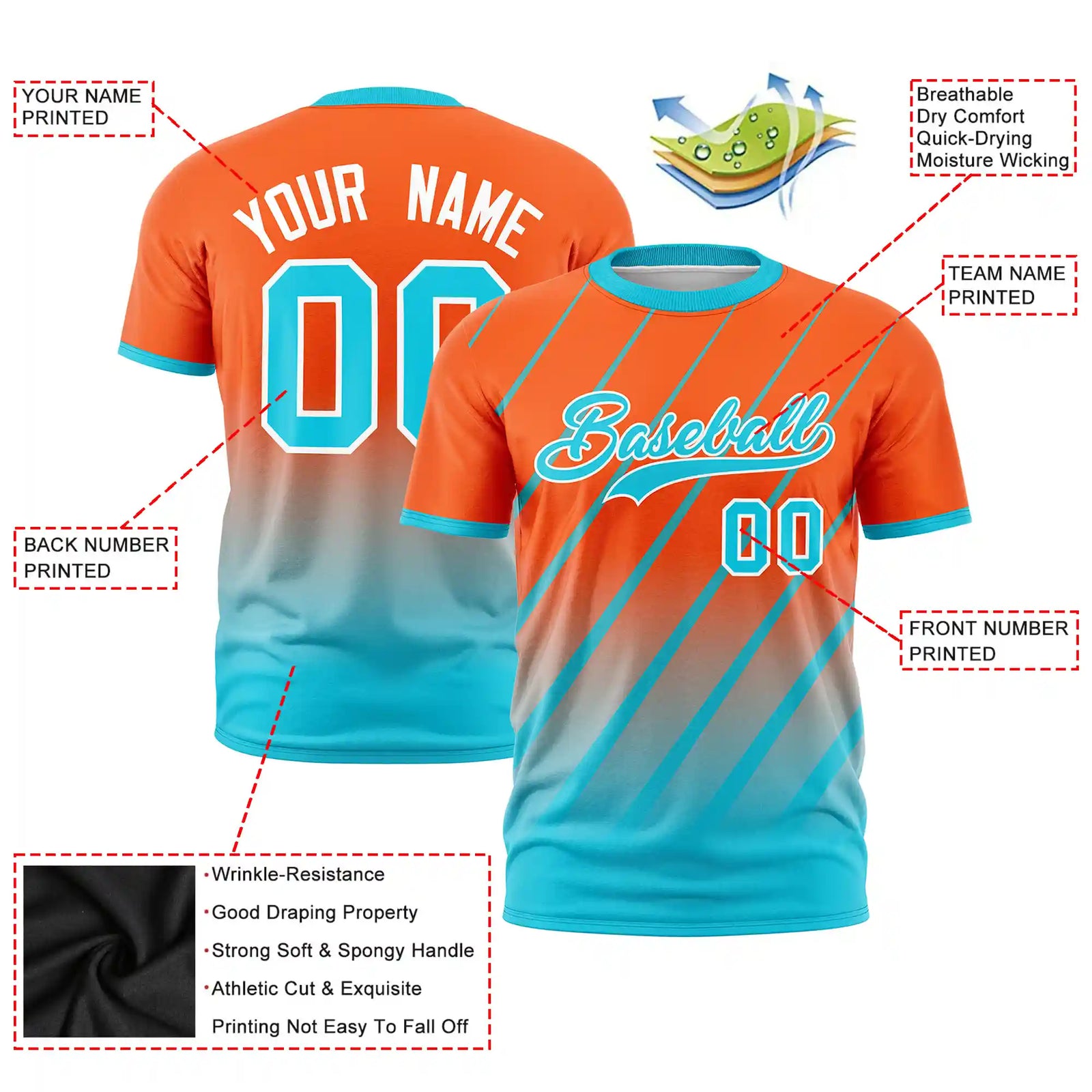 Custom Orange-Sky Blue Gradient Fashion Diagonal Stripe Performance T-Shirt