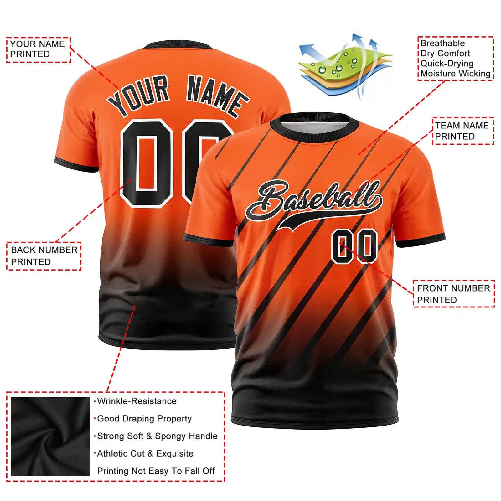 Custom Orange-Black Gradient Fashion Diagonal Stripe Performance T-Shirt
