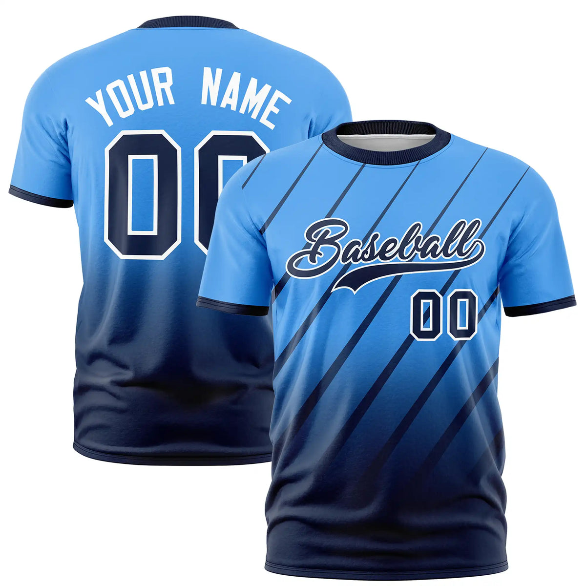 Custom Powder Blue-Navy Gradient Fashion Diagonal Stripe Performance T-Shirt
