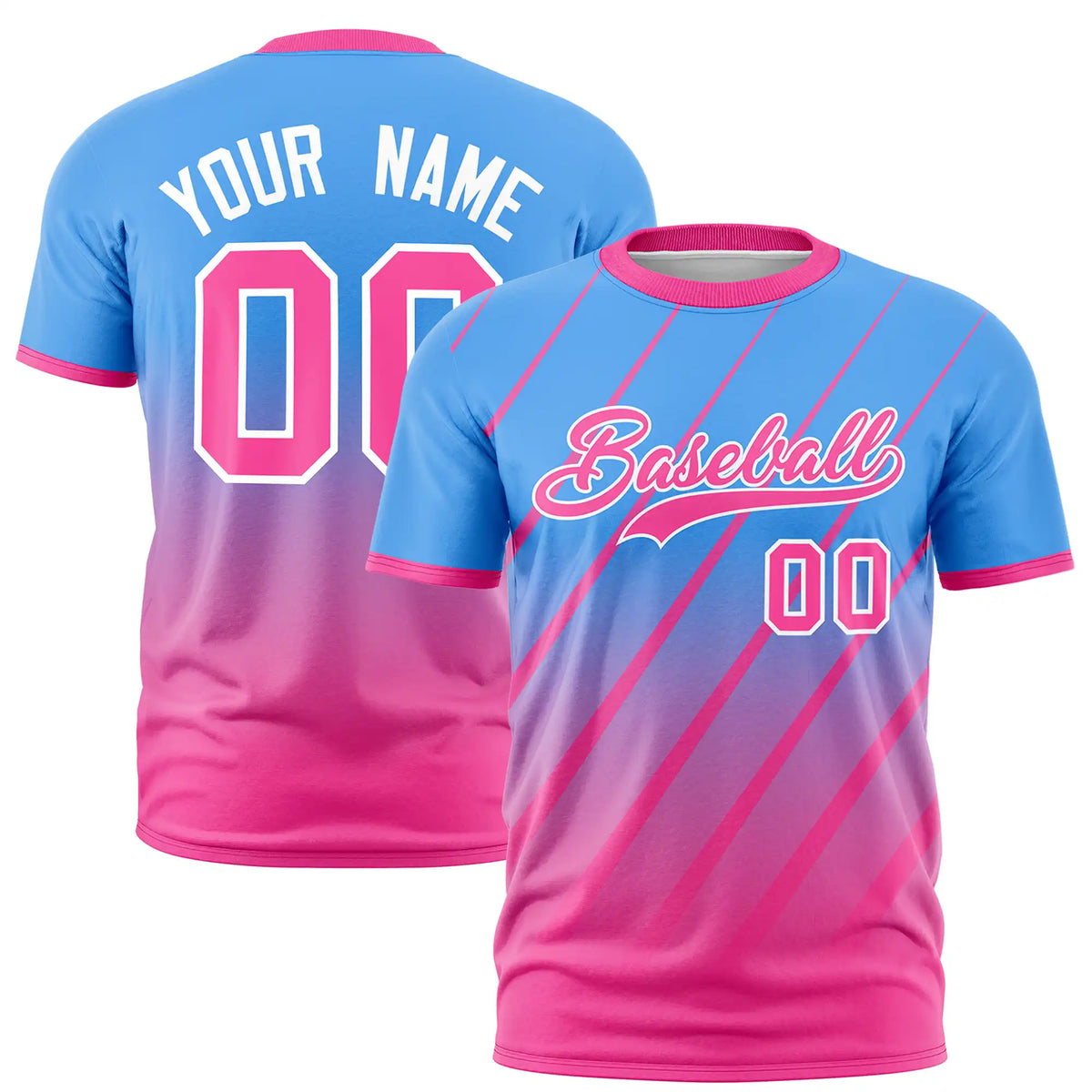 Custom Powder Blue-Pink Gradient Fashion Diagonal Stripe Performance T-Shirt
