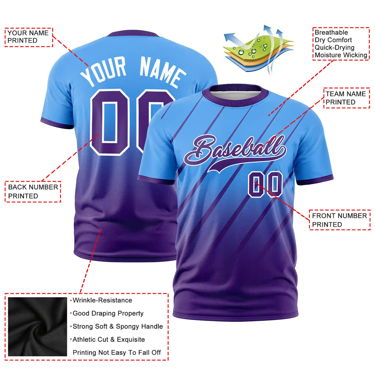 Custom Powder Blue-Purple Gradient Fashion Diagonal Stripe Performance T-Shirt