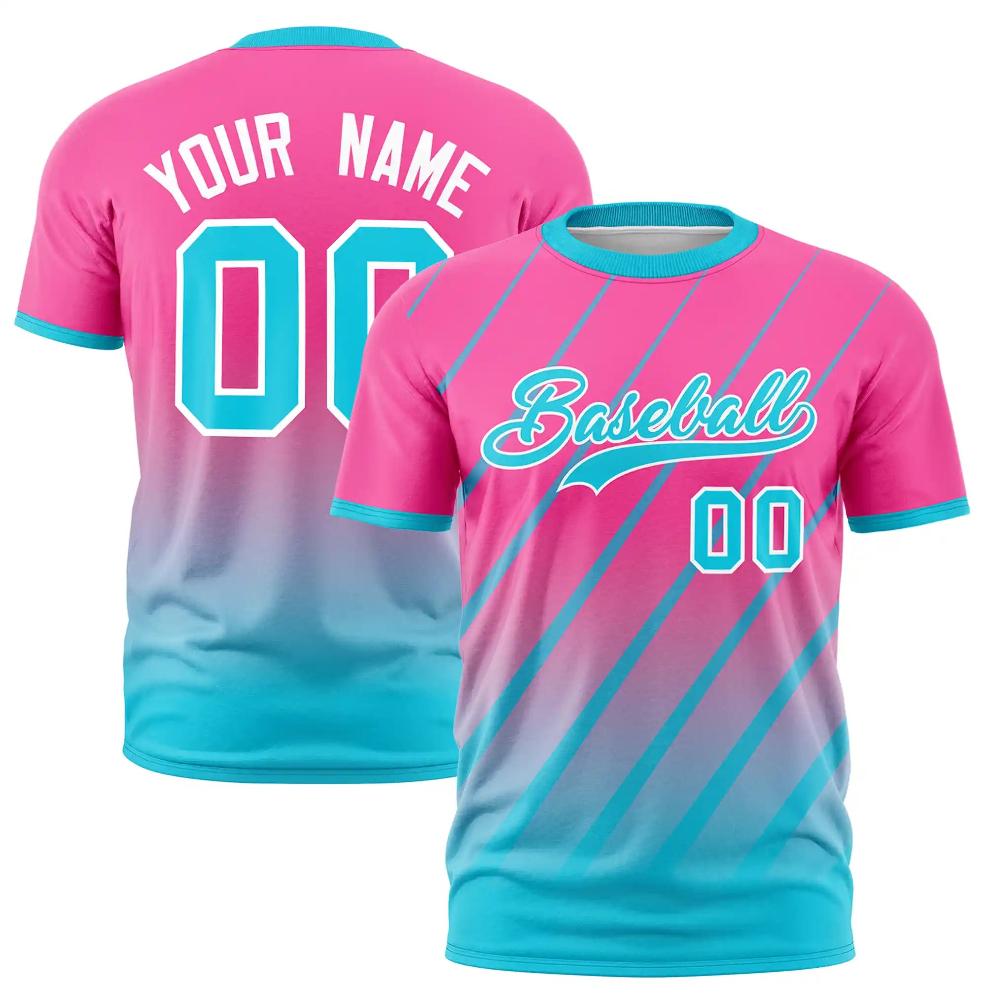 Custom Pink-Sky Blue Gradient Fashion Diagonal Stripe Performance T-Shirt