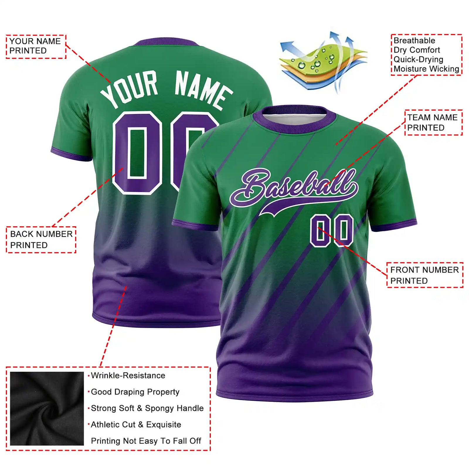 Custom Kelly Green-Purple Gradient Fashion Diagonal Stripe Performance T-Shirt