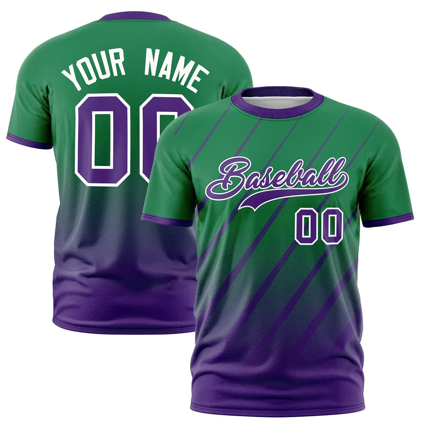 Custom Kelly Green-Purple Gradient Fashion Diagonal Stripe Performance T-Shirt