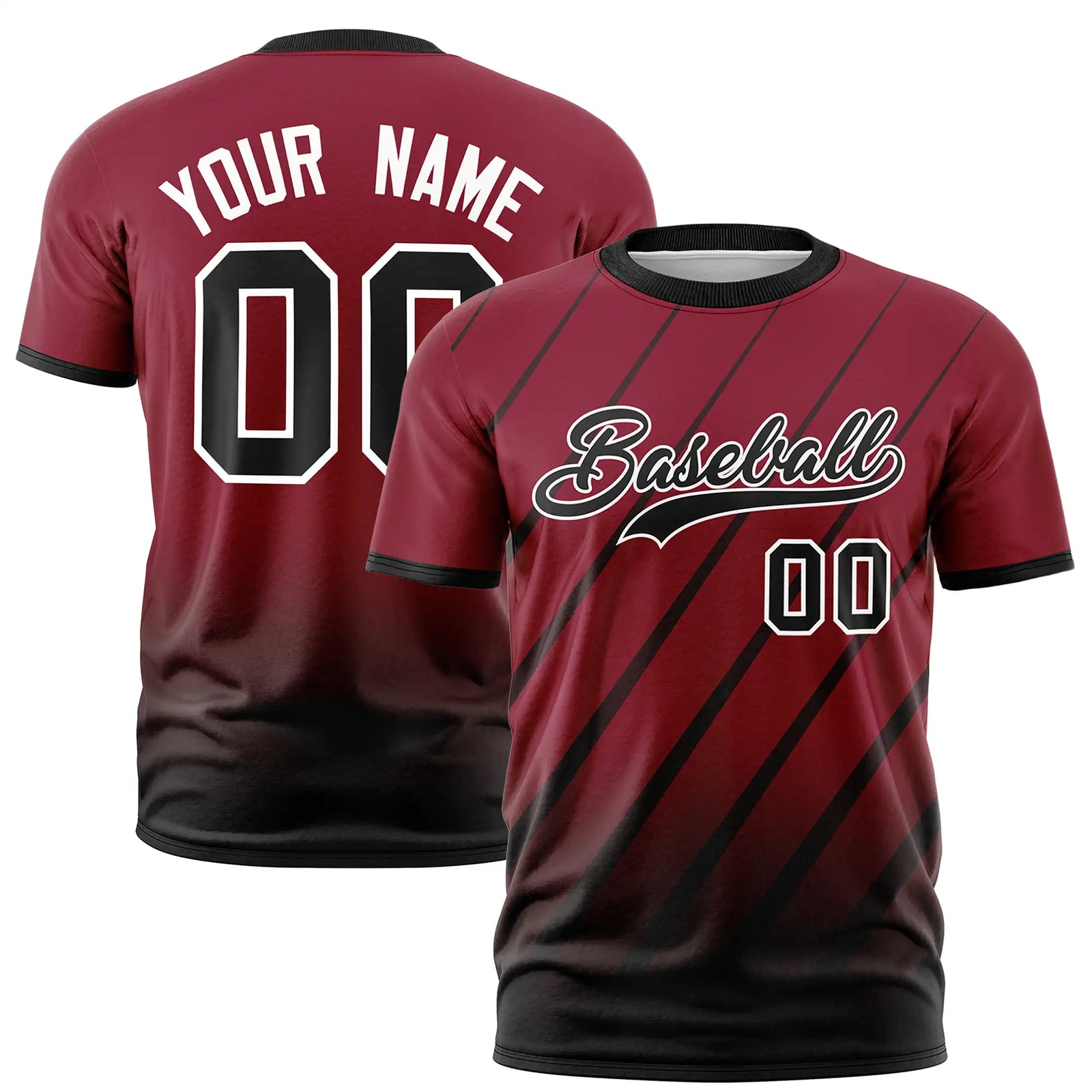 Custom Crimson-Black Gradient Fashion Diagonal Stripe Performance T-Shirt