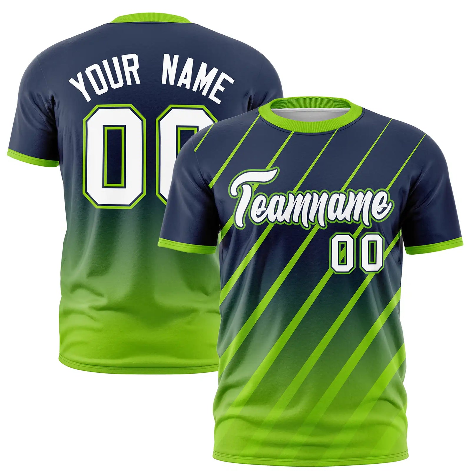 Custom Navy-Neon Green Gradient Fashion Diagonal Stripe Performance T-Shirt