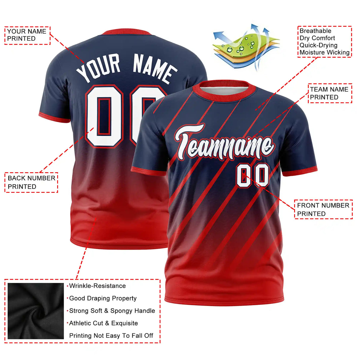 Custom Navy-Red Gradient Fashion Diagonal Stripe Performance T-Shirt
