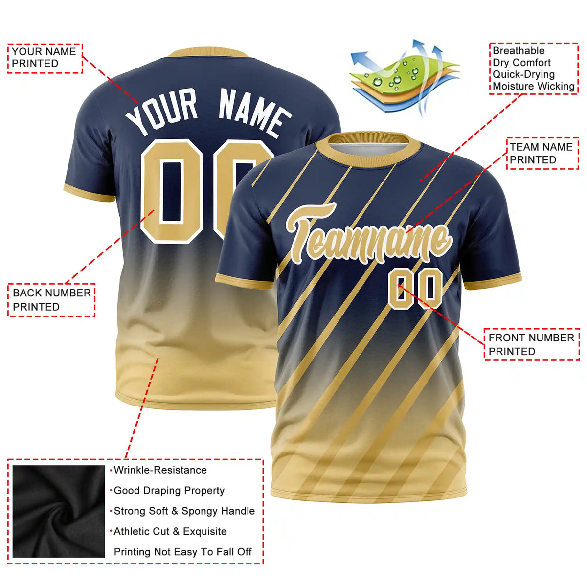 Custom Navy-Old Gold Gradient Fashion Diagonal Stripe Performance T-Shirt
