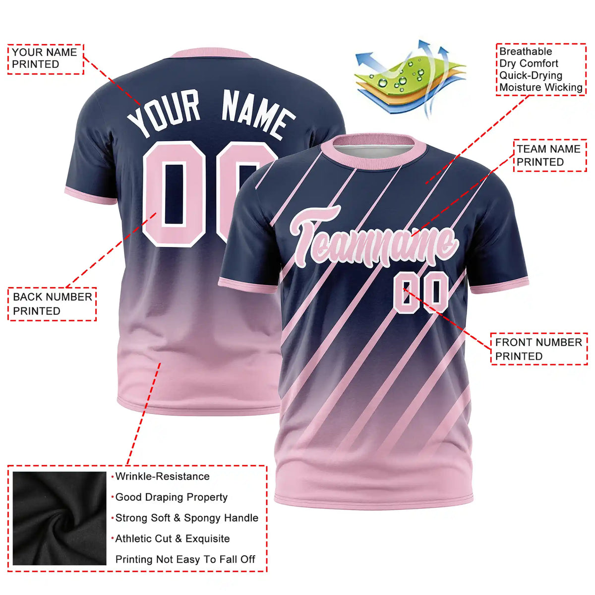Custom Navy-Light Pink Gradient Fashion Diagonal Stripe Performance T-Shirt