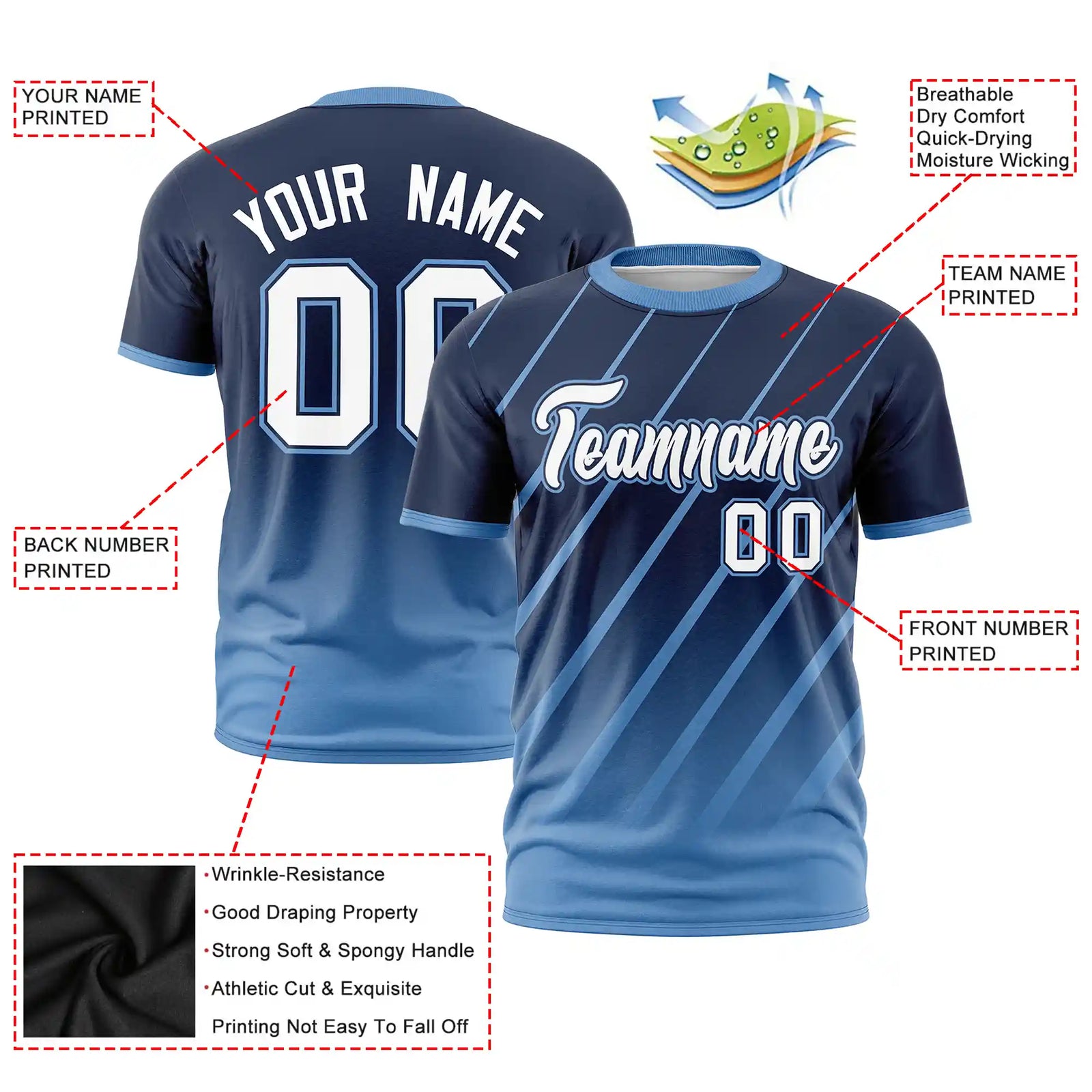 Custom Navy-Light Blue Gradient Fashion Diagonal Stripe Performance T-Shirt