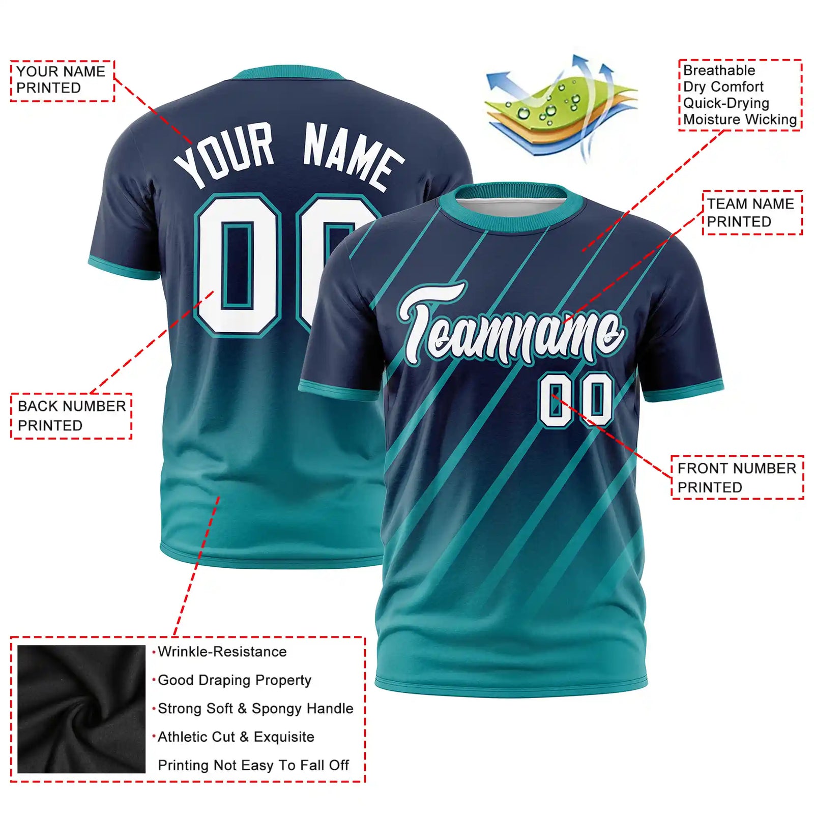 Custom Navy-Aqua Gradient Fashion Diagonal Stripe Performance T-Shirt