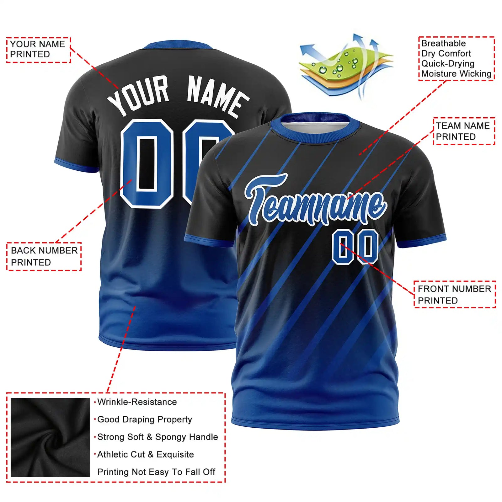 Custom Black-Royal Blue Gradient Fashion Diagonal Stripe Performance T-Shirt