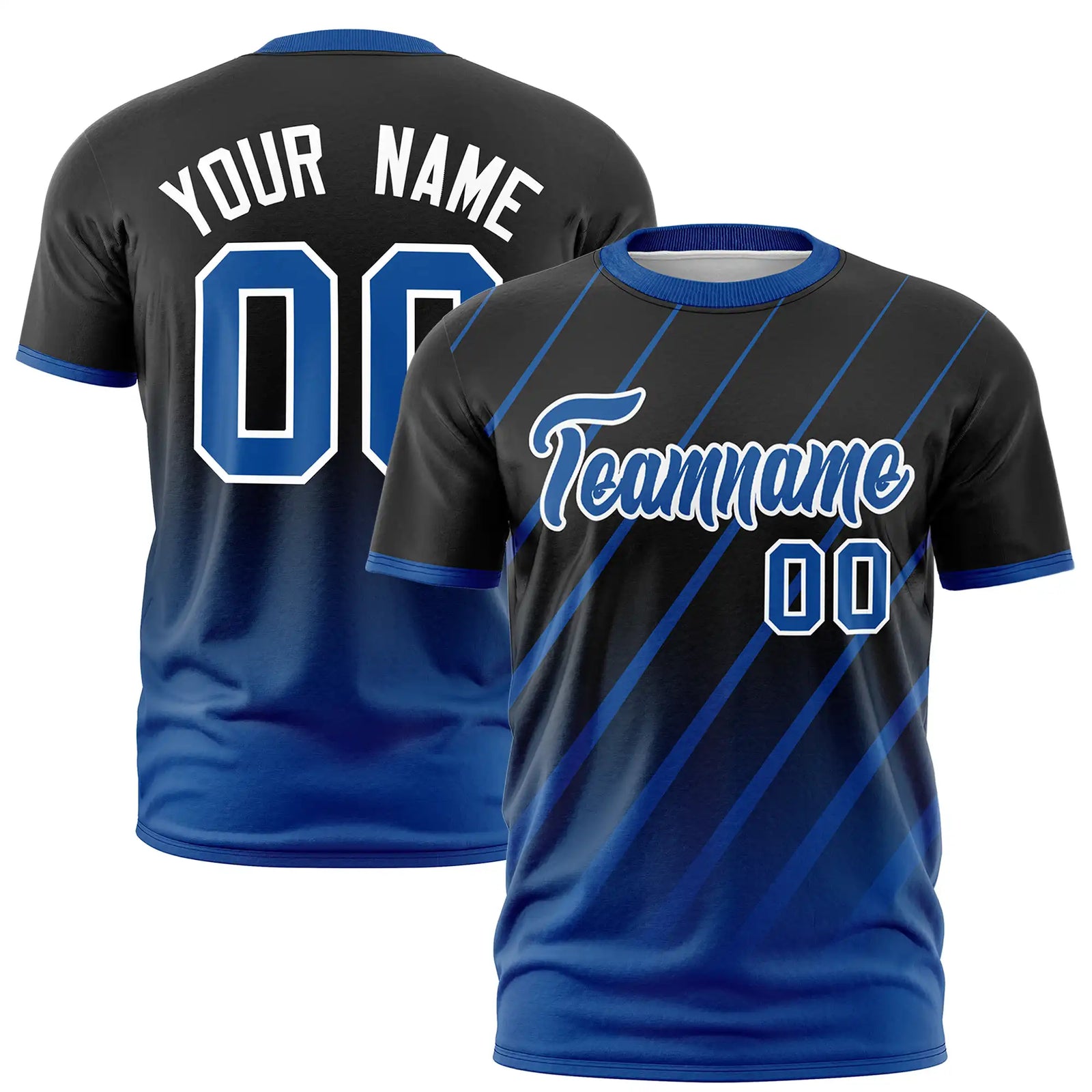 Custom Black-Royal Blue Gradient Fashion Diagonal Stripe Performance T-Shirt
