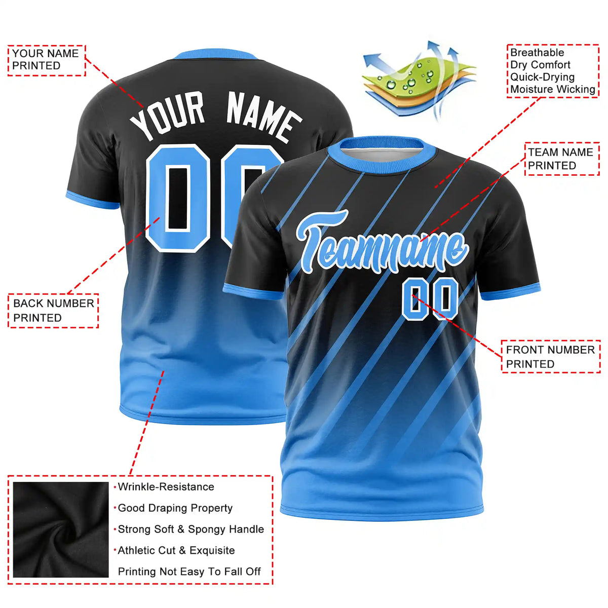 Custom Black-Powder Blue Gradient Fashion Diagonal Stripe Performance T-Shirt