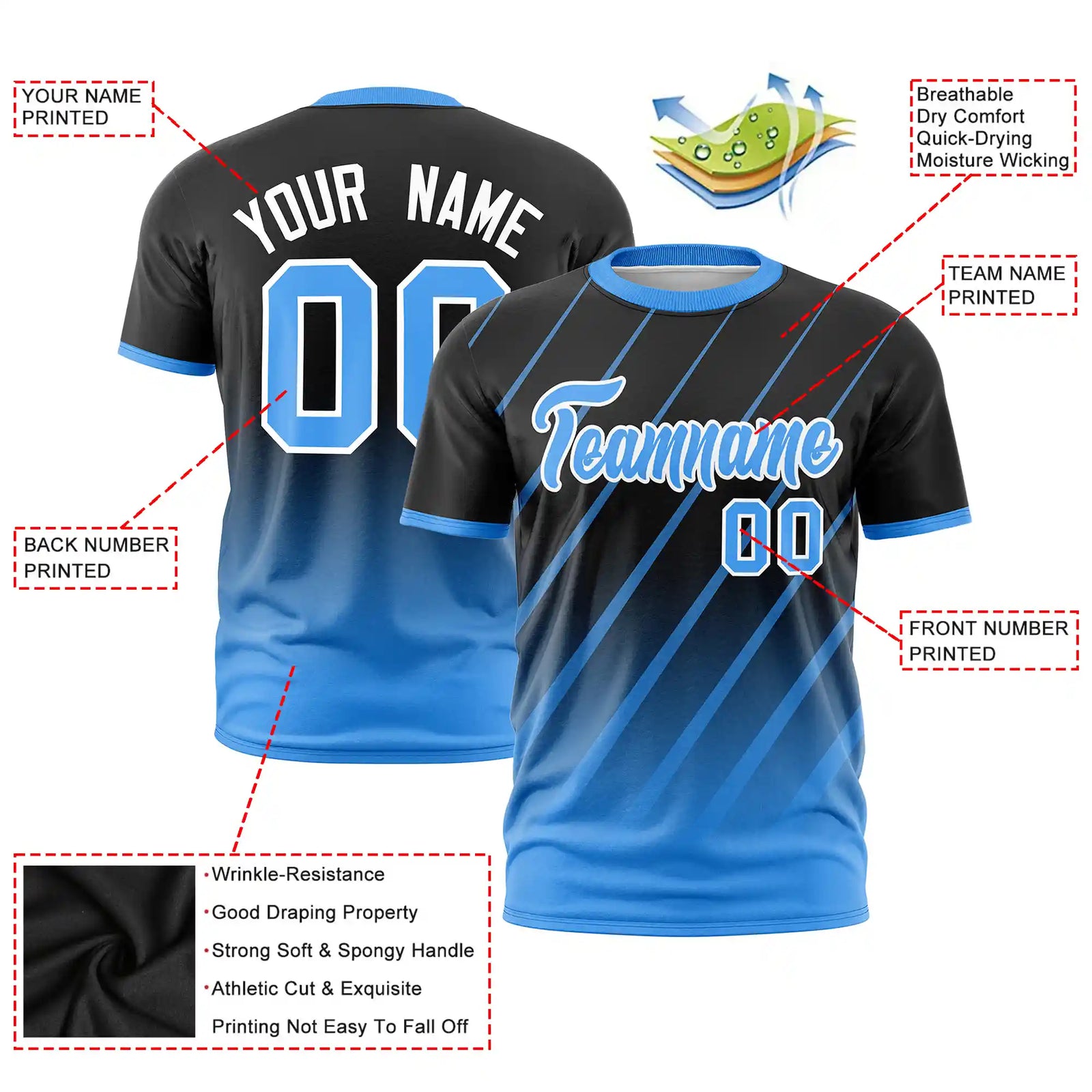 Custom Black-Powder Blue Gradient Fashion Diagonal Stripe Performance T-Shirt