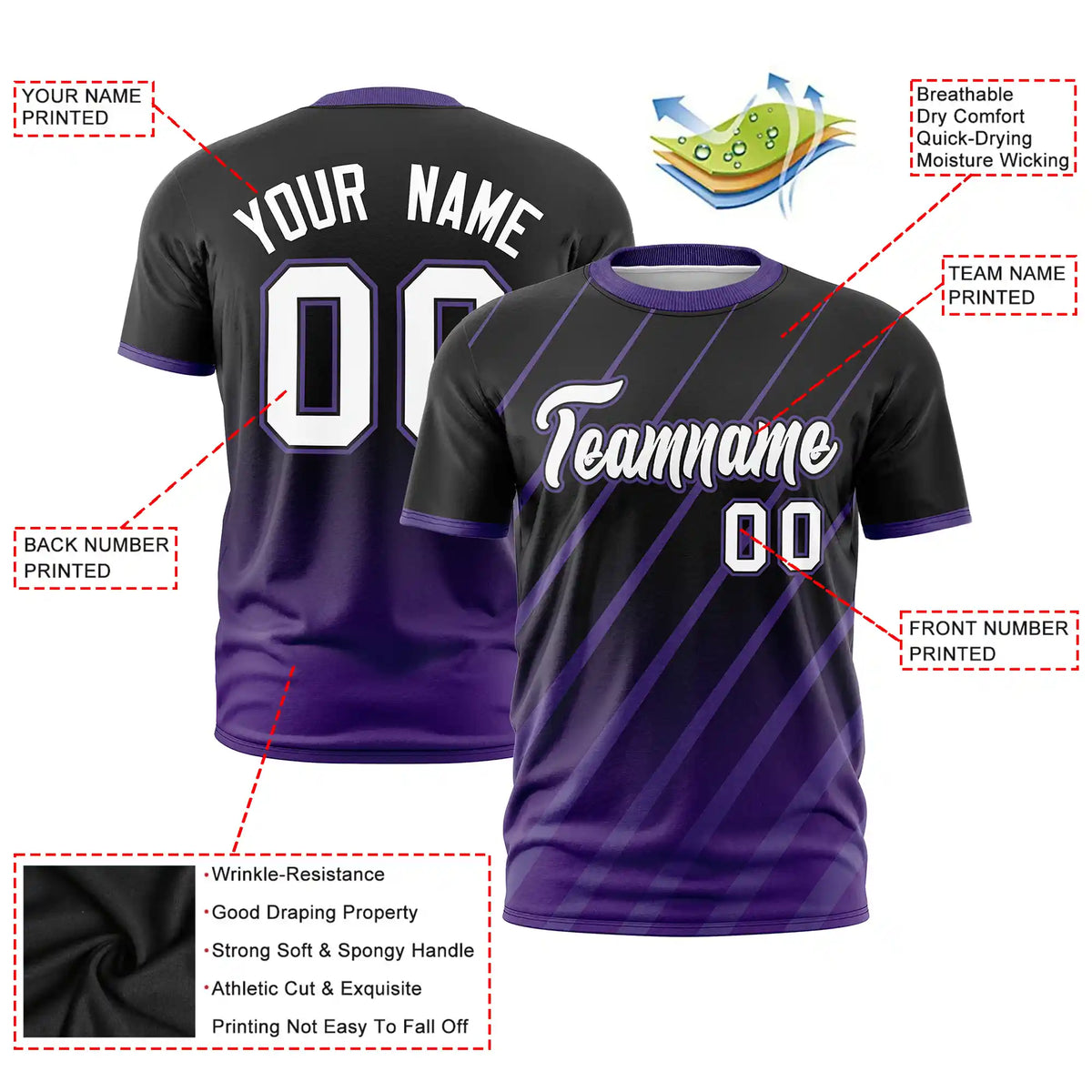 Custom Black-Purple Gradient Fashion Diagonal Stripe Performance T-Shirt