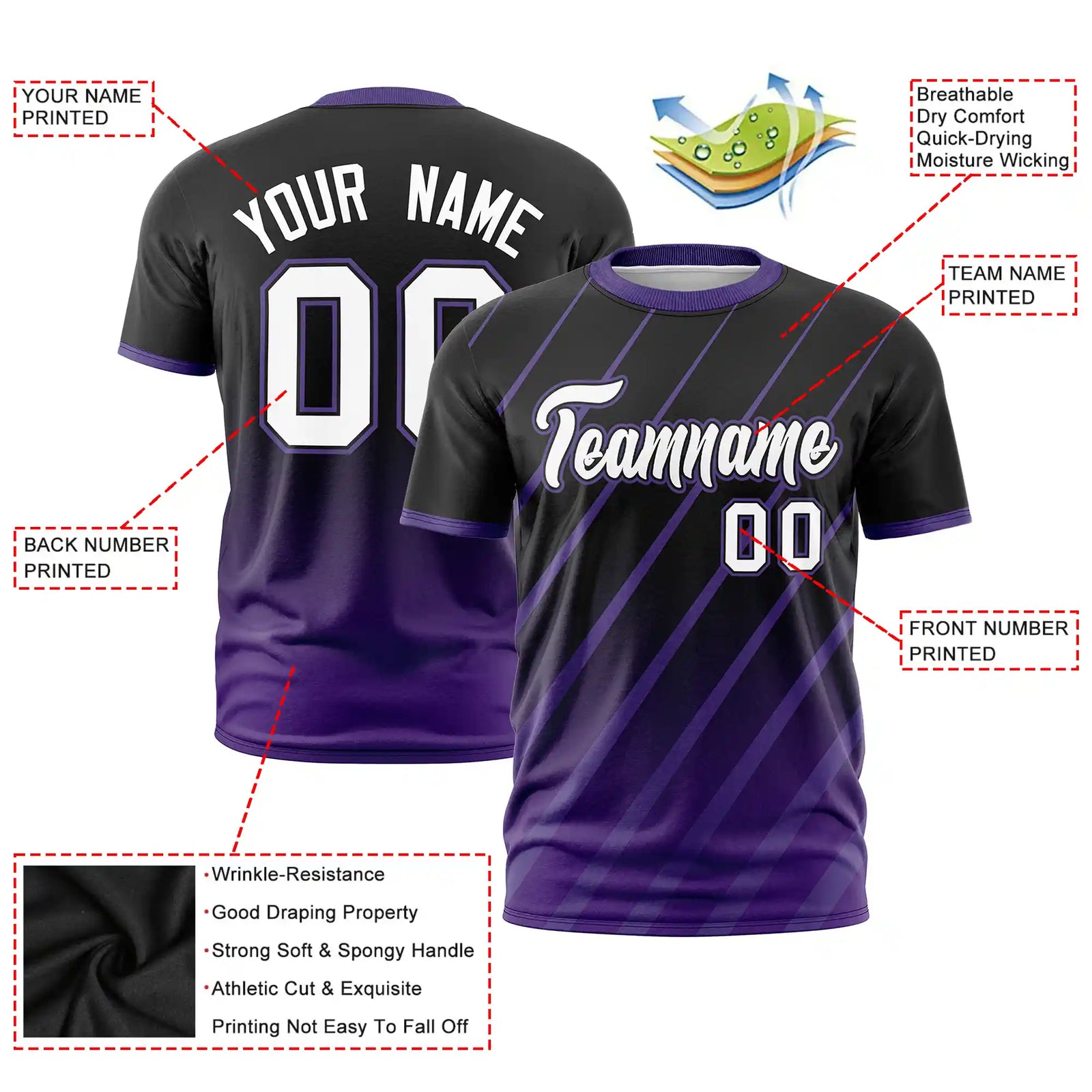Custom Black-Purple Gradient Fashion Diagonal Stripe Performance T-Shirt