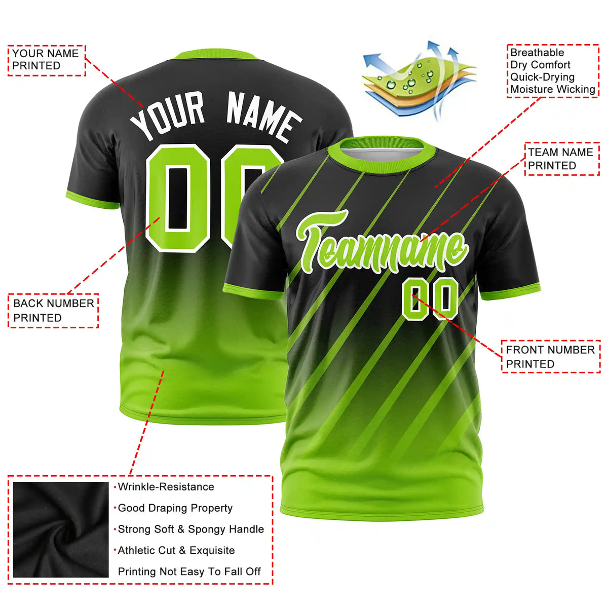 Custom Black-Neon Green Gradient Fashion Diagonal Stripe Performance T-Shirt