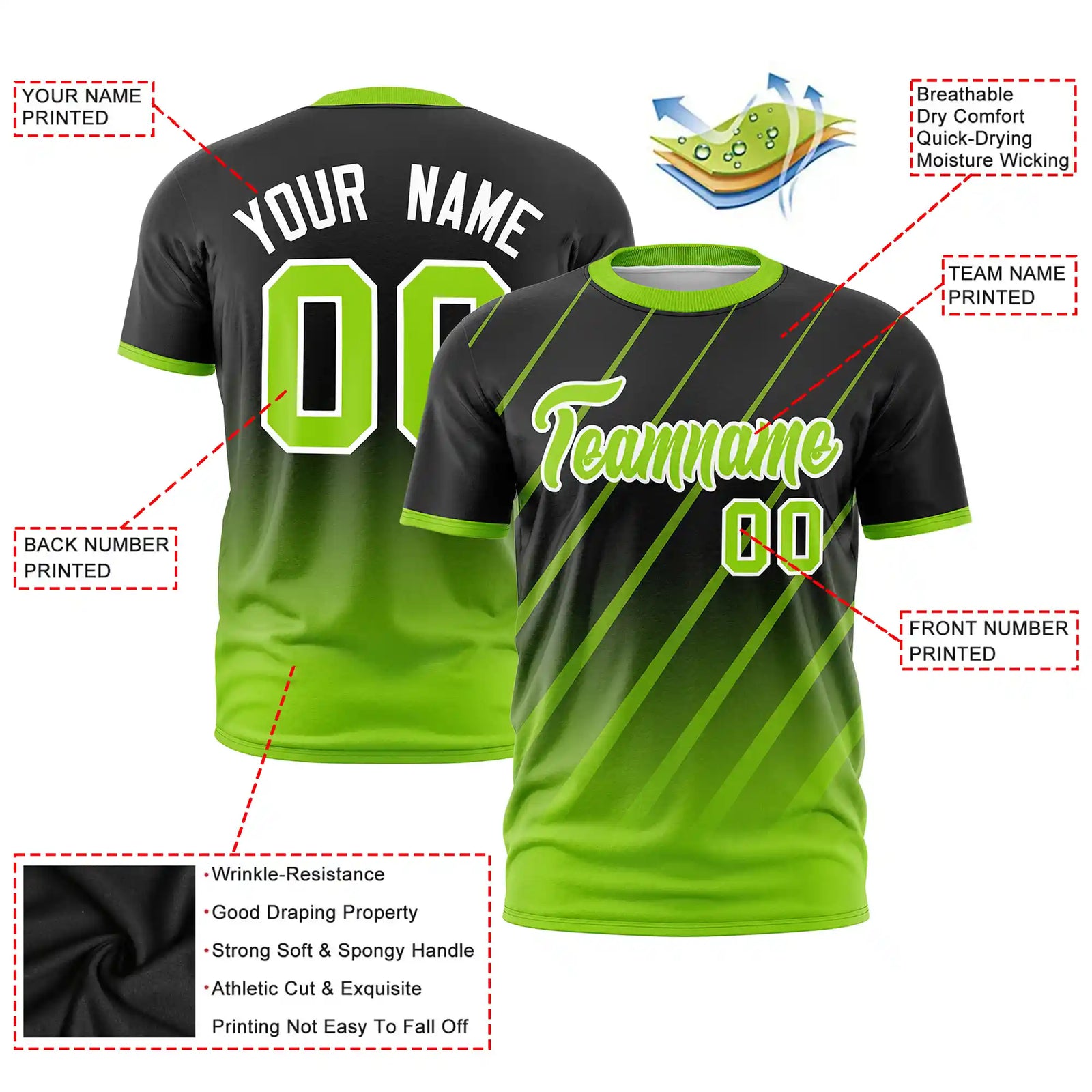 Custom Black-Neon Green Gradient Fashion Diagonal Stripe Performance T-Shirt