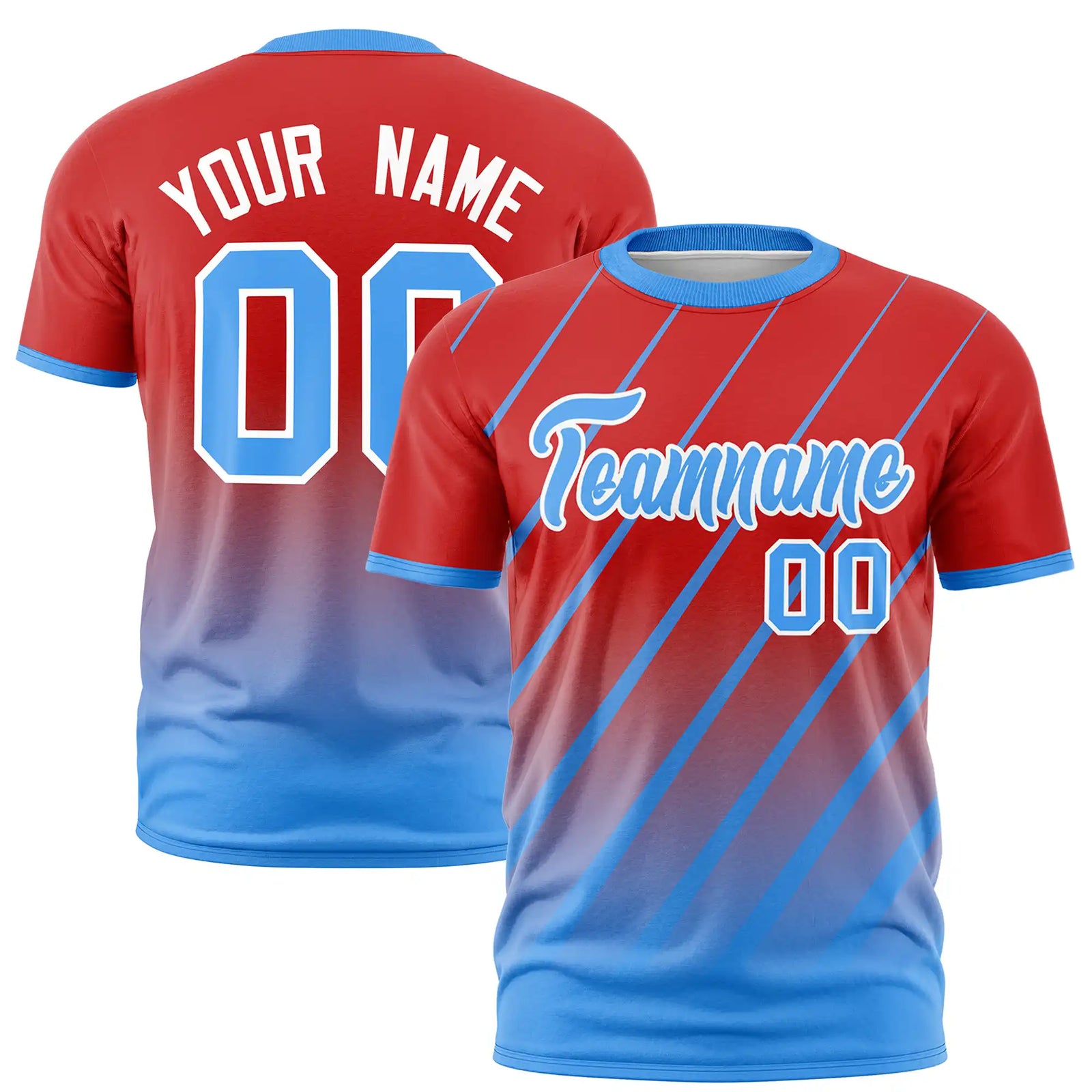 Custom Red-Powder Blue Gradient Fashion Diagonal Stripe Performance T-Shirt