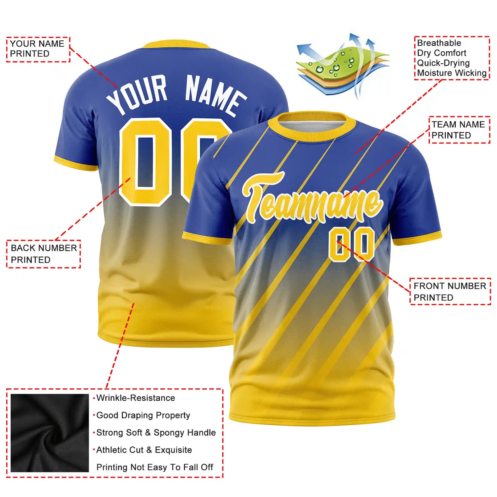 Custom Royal Blue-Gold01 Gradient Fashion Diagonal Stripe Performance T-Shirt