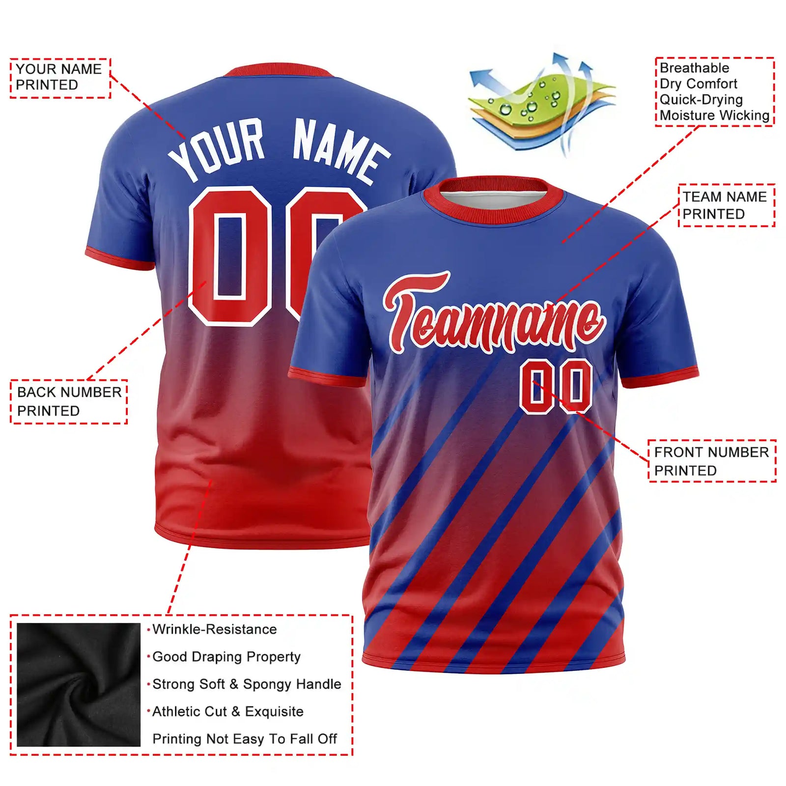 Custom Royal Blue-Red Gradient Fashion Diagonal Stripe Performance T-Shirt