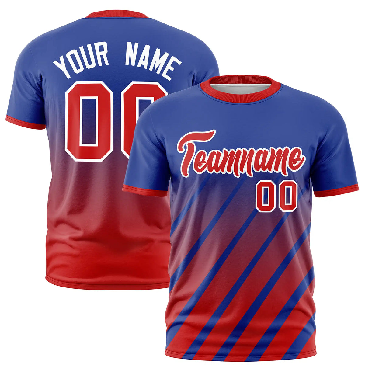 Custom Royal Blue-Red Gradient Fashion Diagonal Stripe Performance T-Shirt