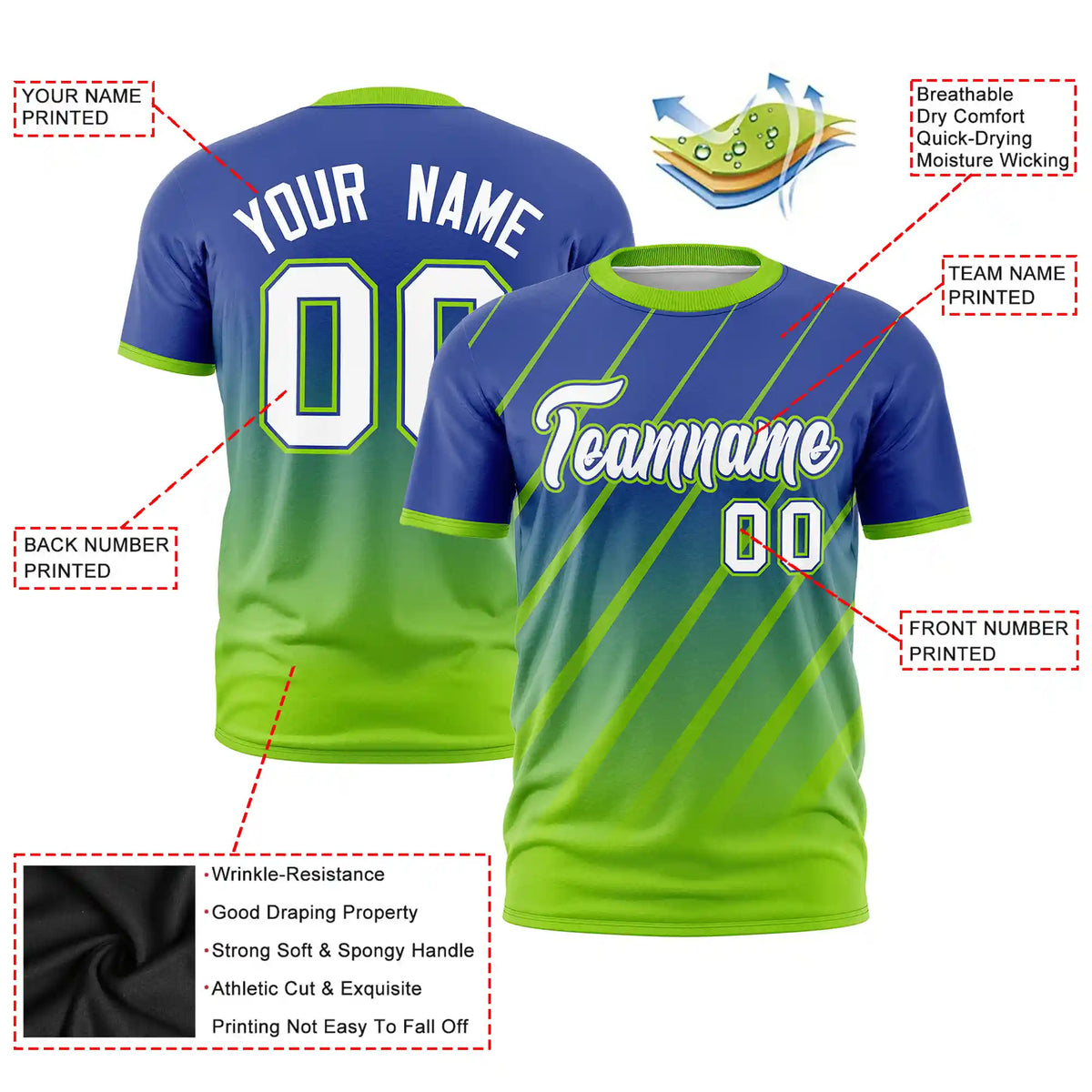 Custom Royal Blue-Neon Green Gradient Fashion Diagonal Stripe Performance T-Shirt