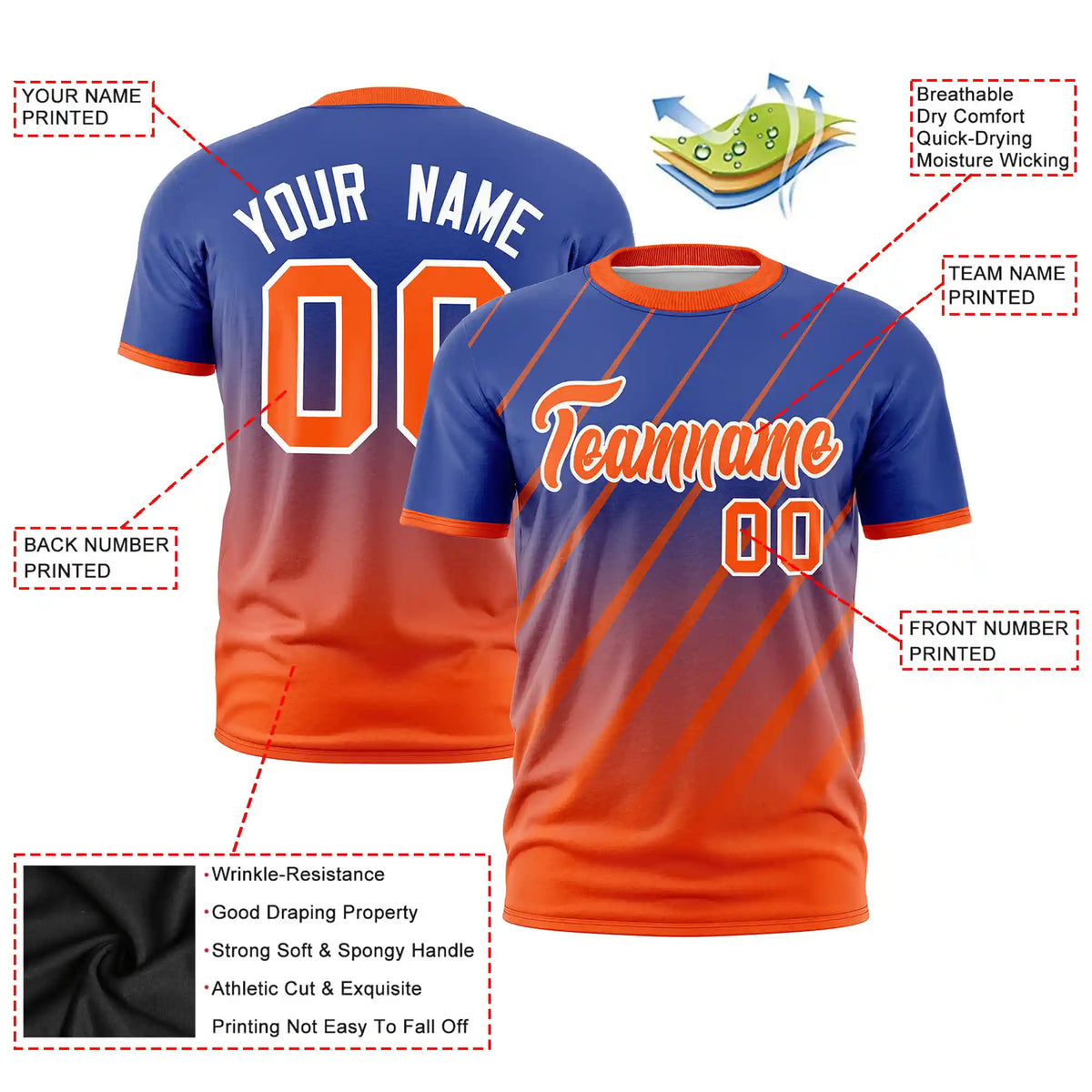 Custom Royal Blue-Orange Gradient Fashion Diagonal Stripe Performance T-Shirt