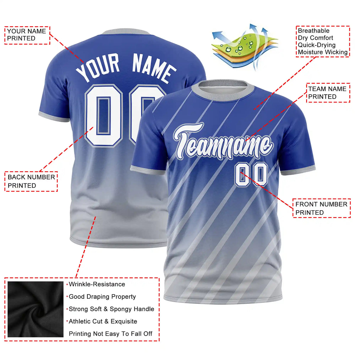 Custom Royal Blue-Gray Gradient Fashion Diagonal Stripe Performance T-Shirt