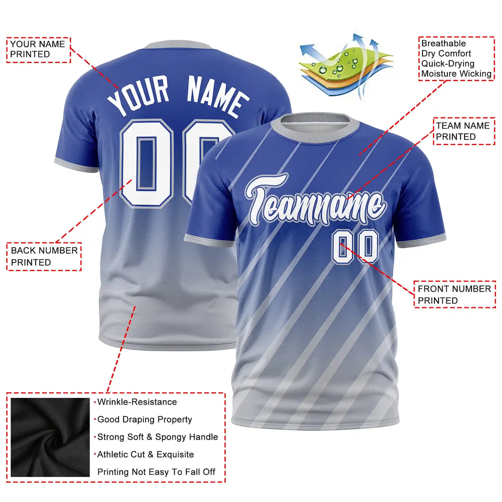 Custom Royal Blue-Gray Gradient Fashion Diagonal Stripe Performance T-Shirt
