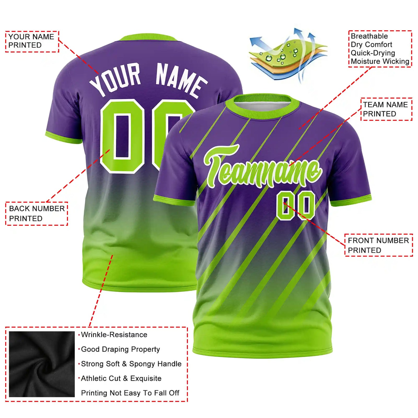 Custom Purple-Neon Green Gradient Fashion Diagonal Stripe Performance T-Shirt
