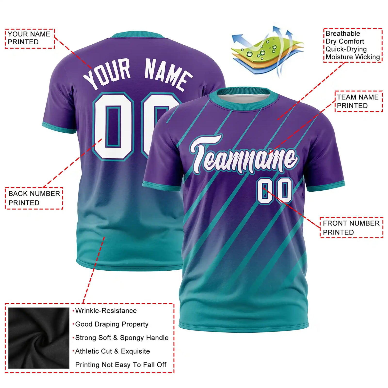 Custom Purple-Aqua Gradient Fashion Diagonal Stripe Performance T-Shirt