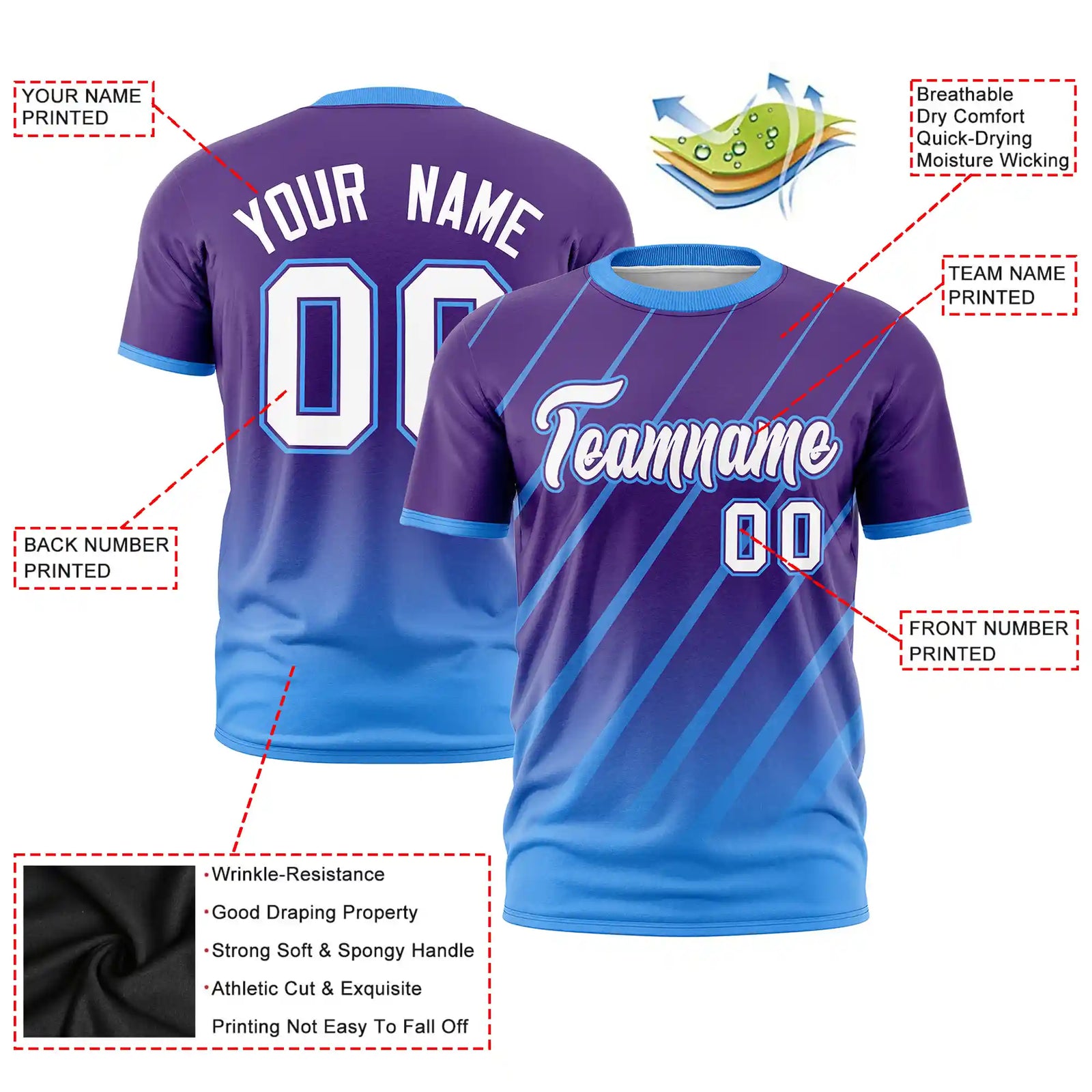 Custom Purple-Powder Blue Gradient Fashion Diagonal Stripe Performance T-Shirt