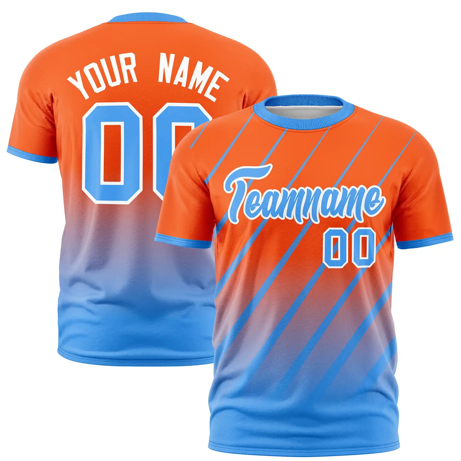 Custom Orange-Powder Blue Gradient Fashion Diagonal Stripe Performance T-Shirt