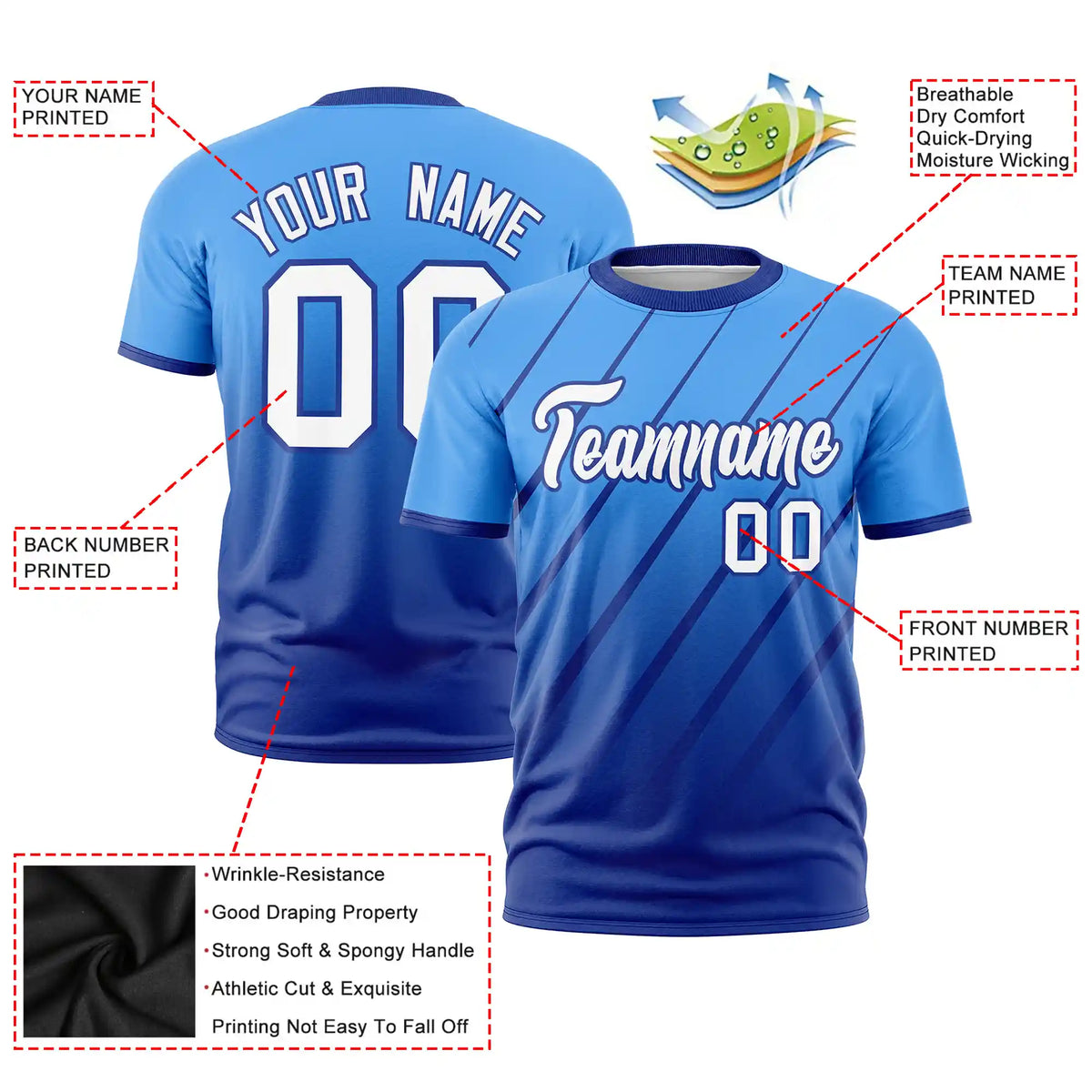 Custom Powder Blue-Royal Blue Gradient Fashion Diagonal Stripe Performance T-Shirt